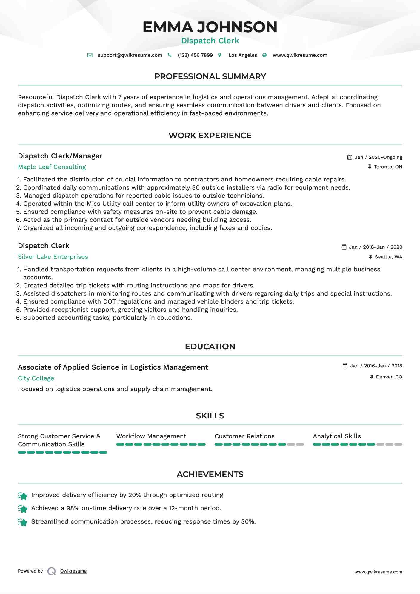 Dispatch Clerk/Manager Resume Sample