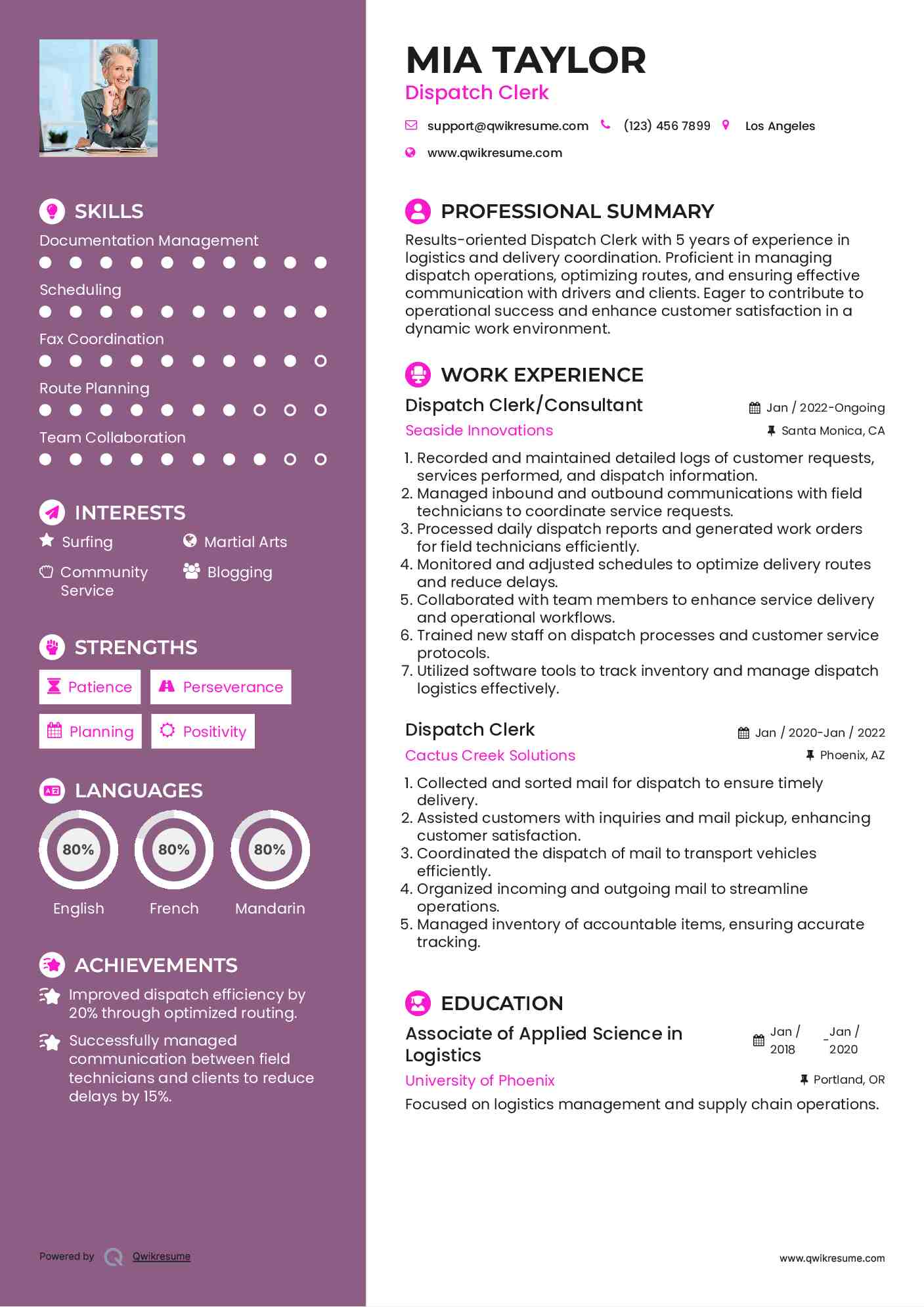 Dispatch Clerk/Consultant Resume Model