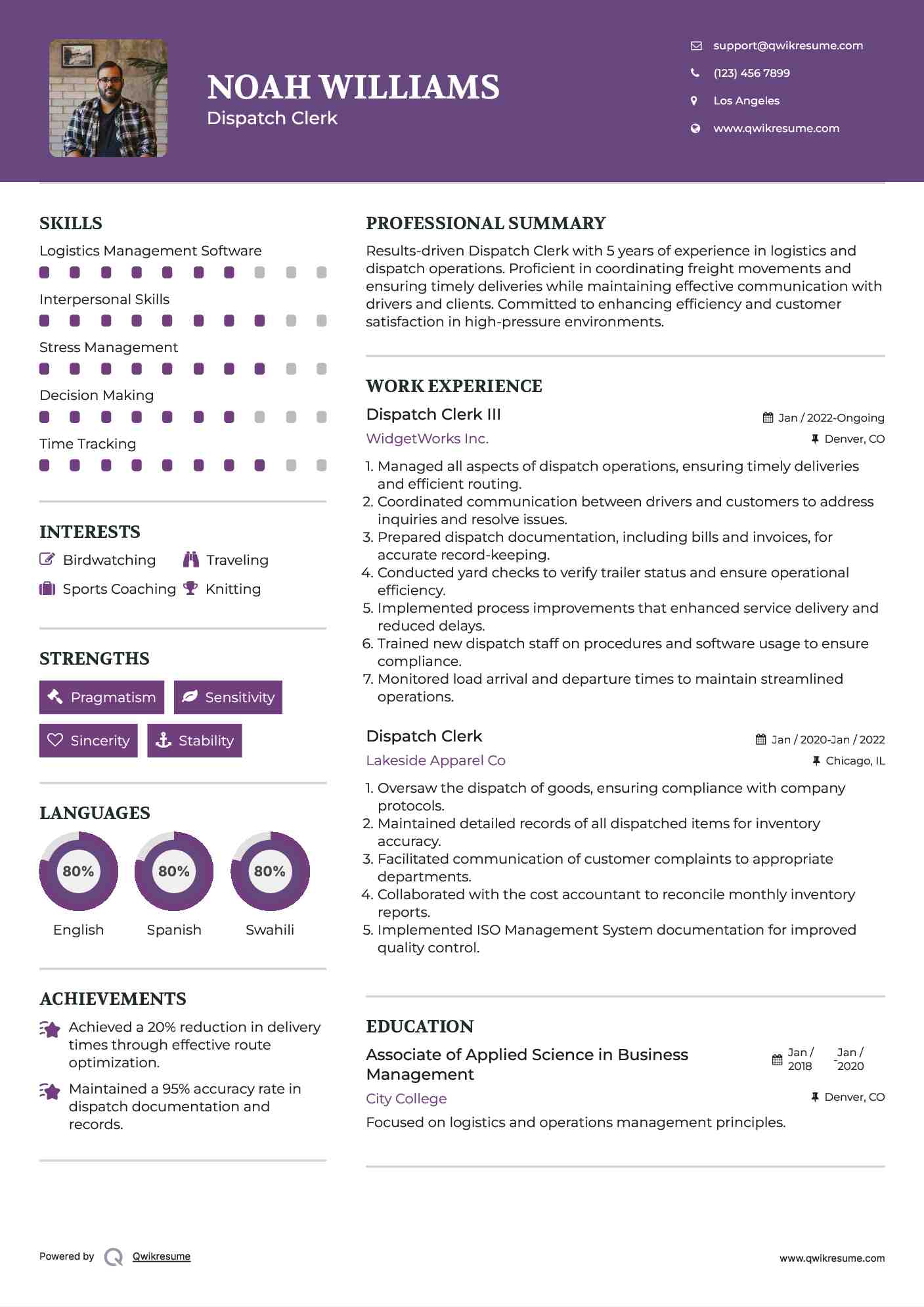 Dispatch Clerk III Resume Model