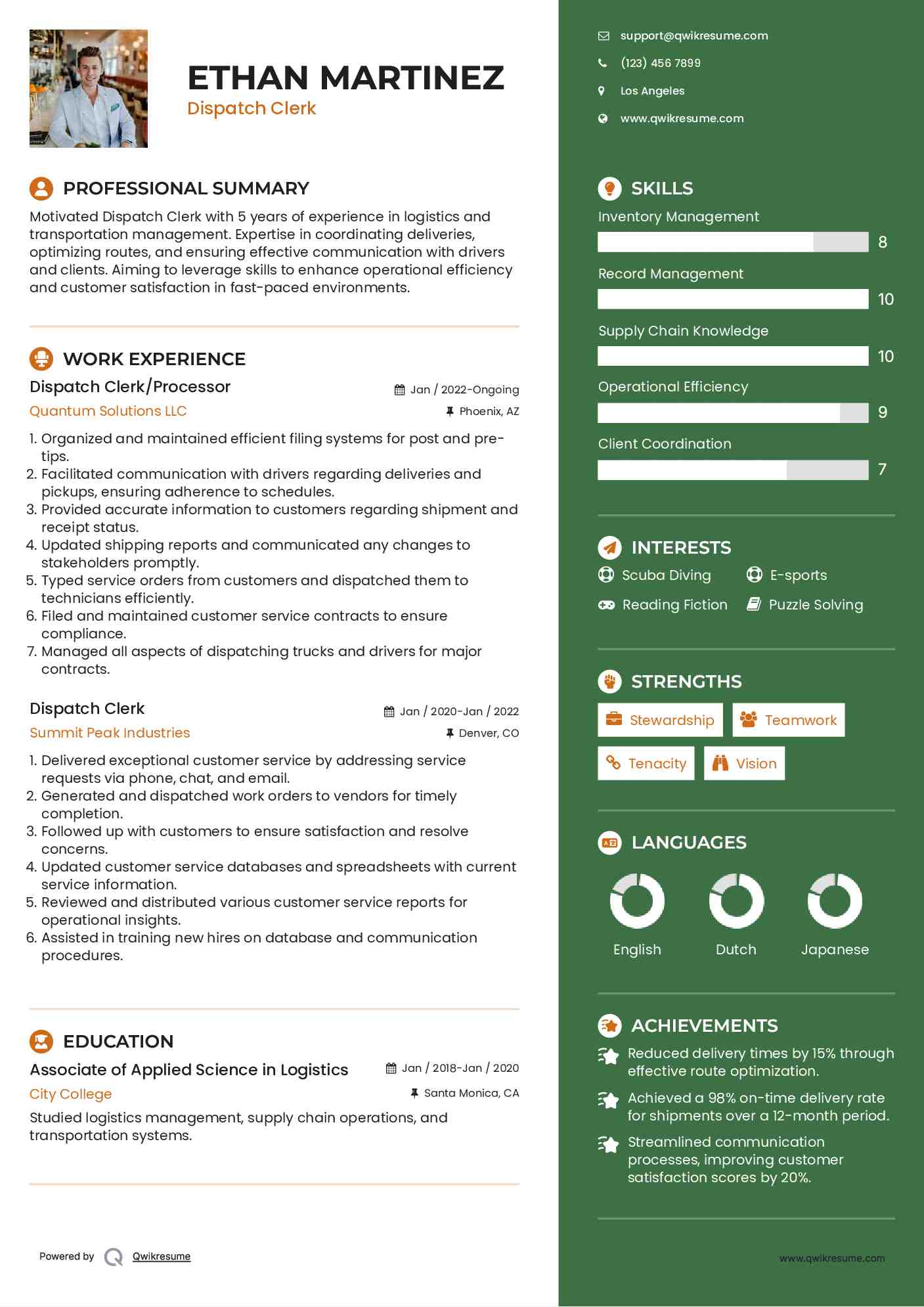 Dispatch Clerk/Processor Resume Sample