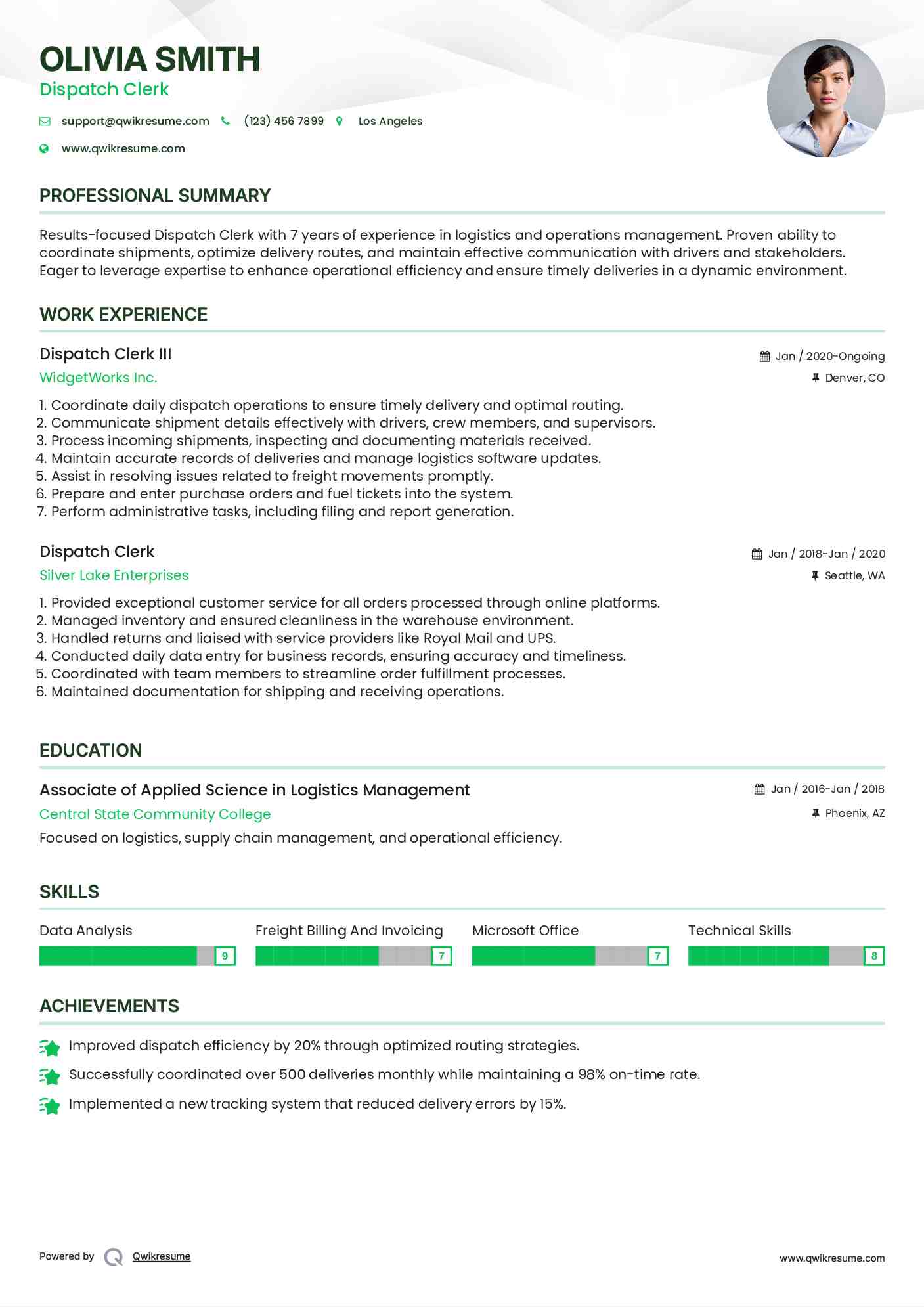 Dispatch Clerk III Resume Model