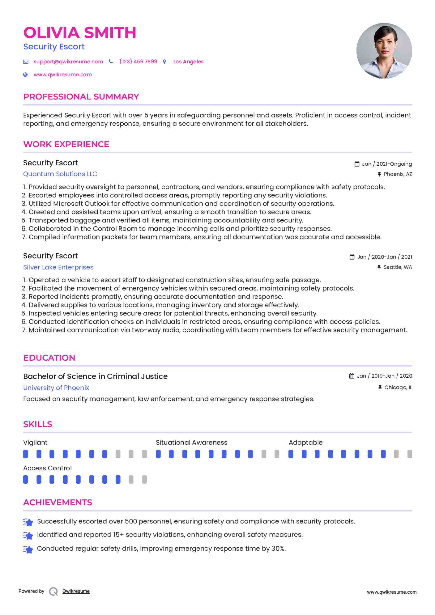 Security Escort Resume Sample