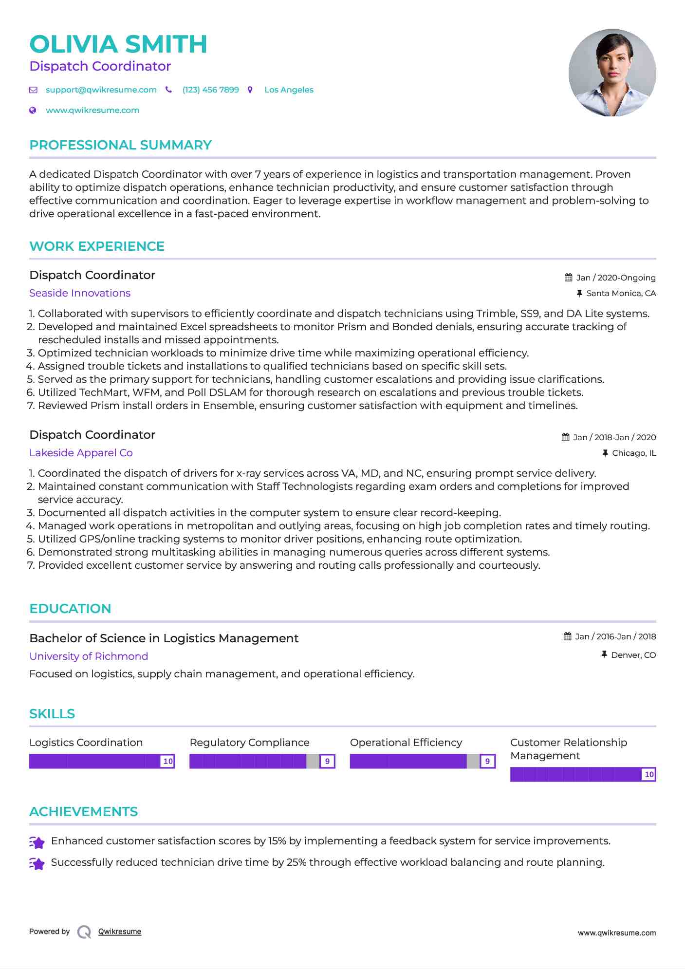 Dispatch Coordinator Resume Sample