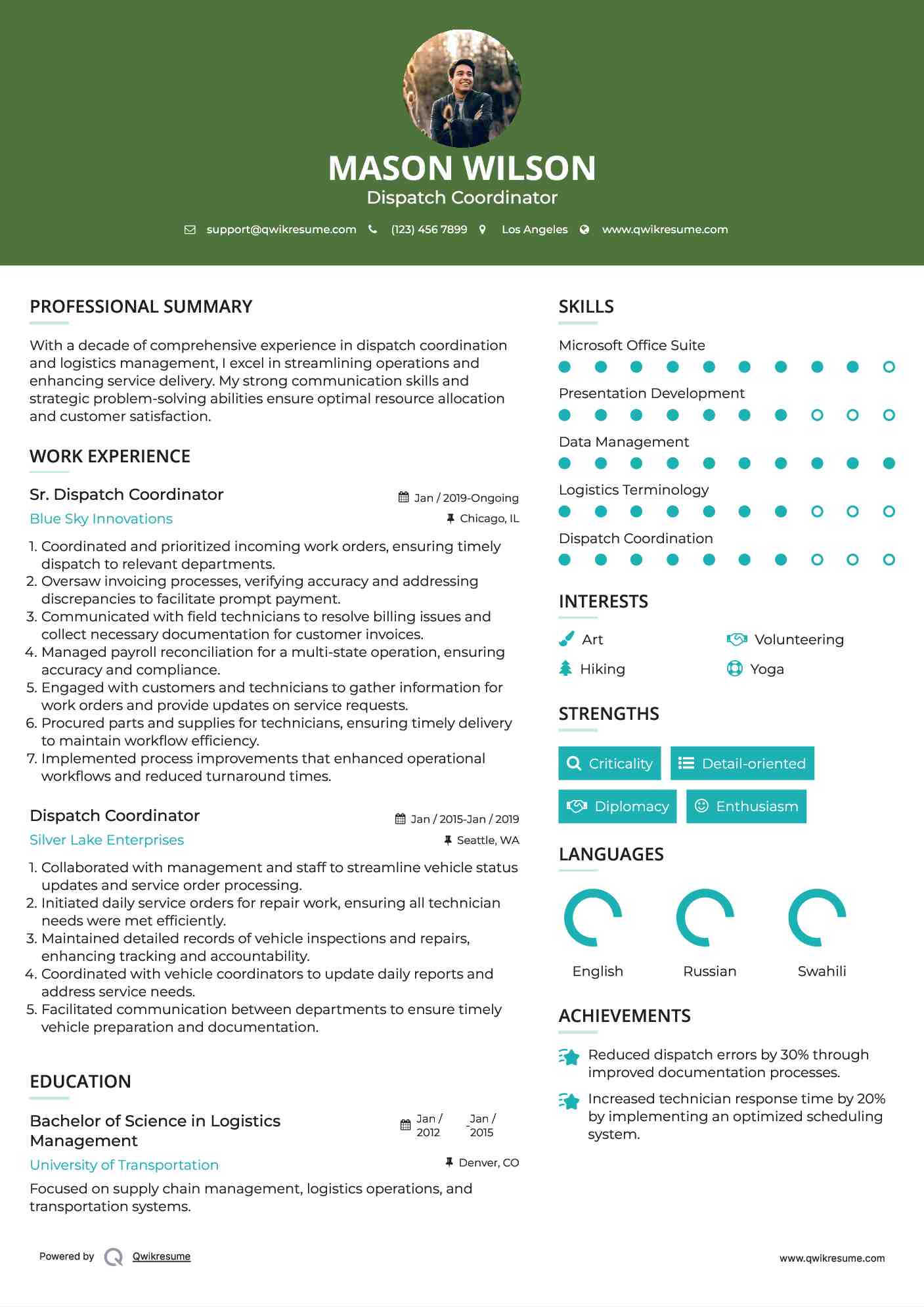 Sr. Dispatch Coordinator Resume Example