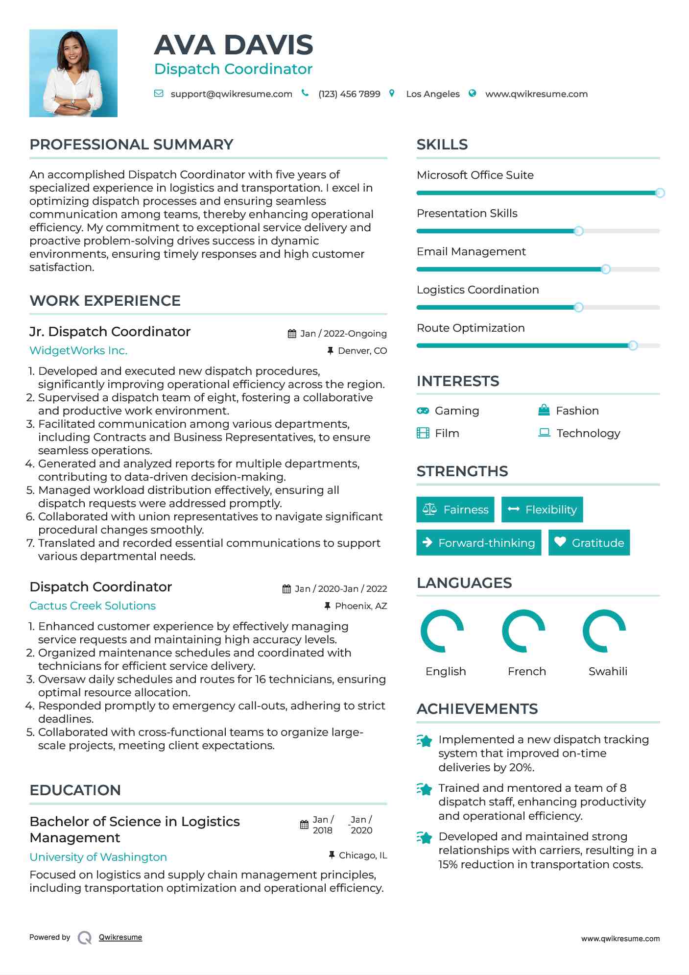 Jr. Dispatch Coordinator Resume Format