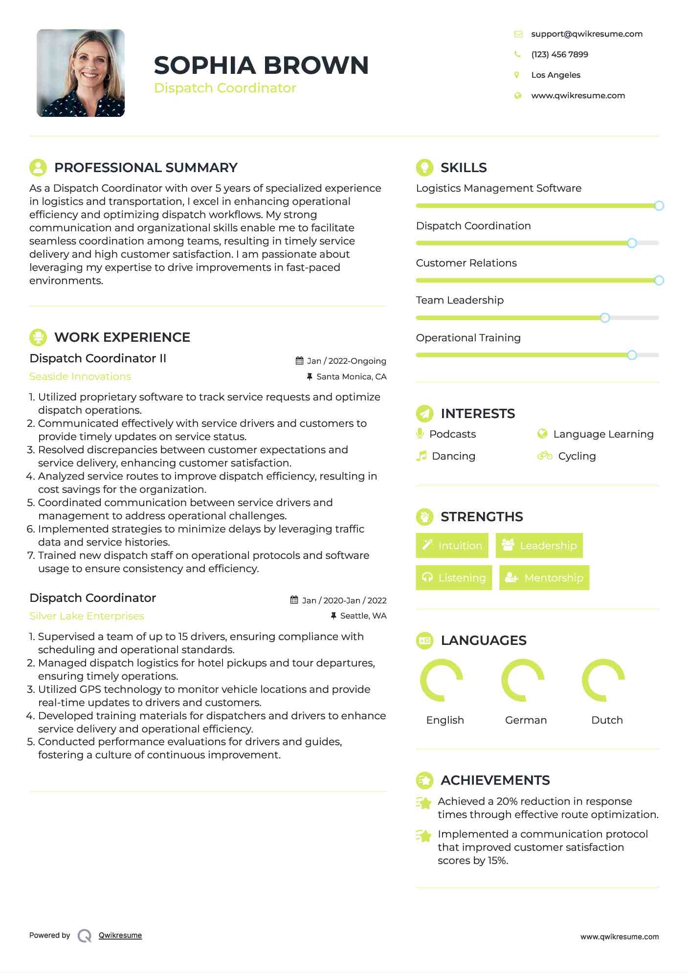 Dispatch Coordinator II Resume Example