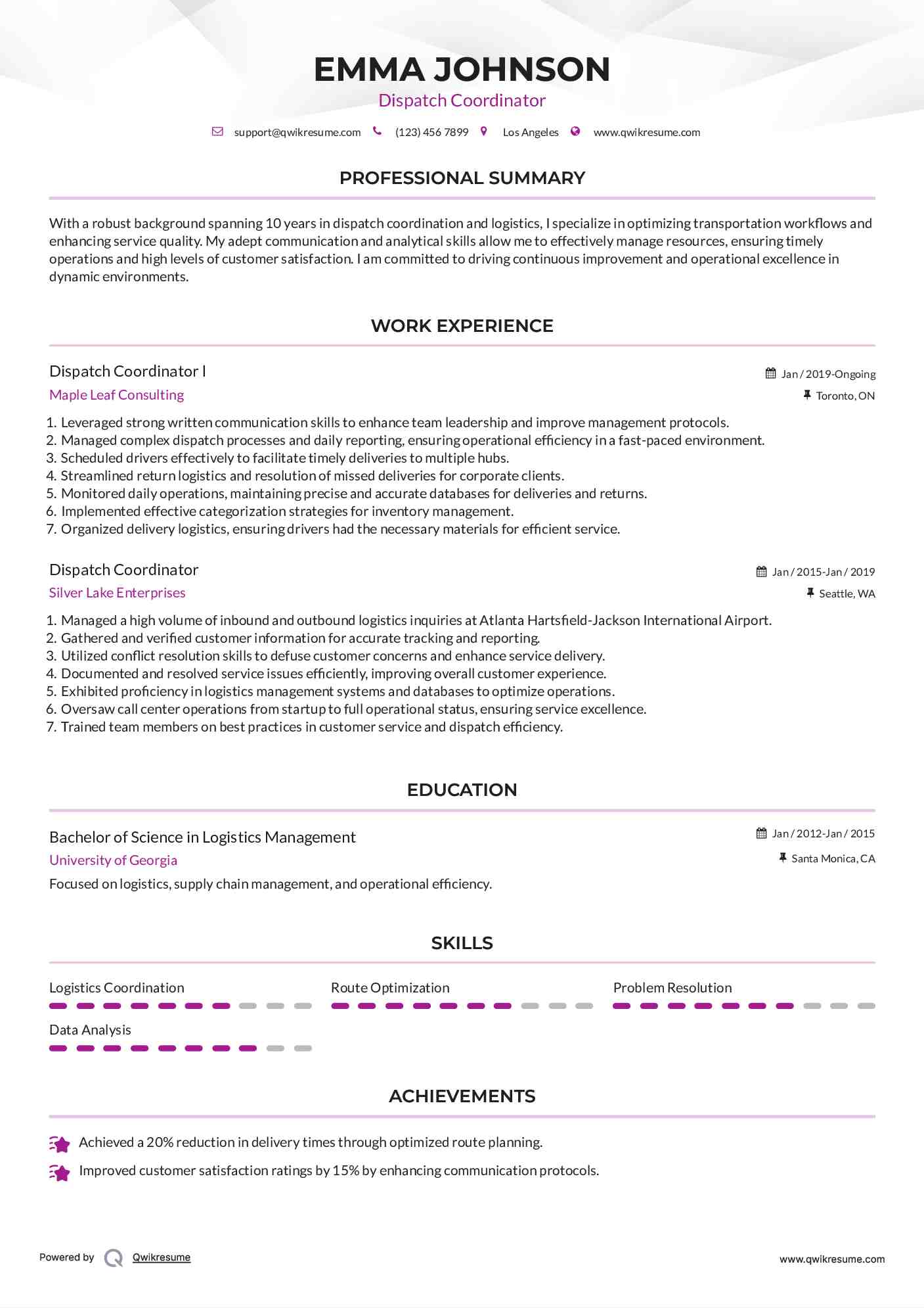 Dispatch Coordinator I Resume Model