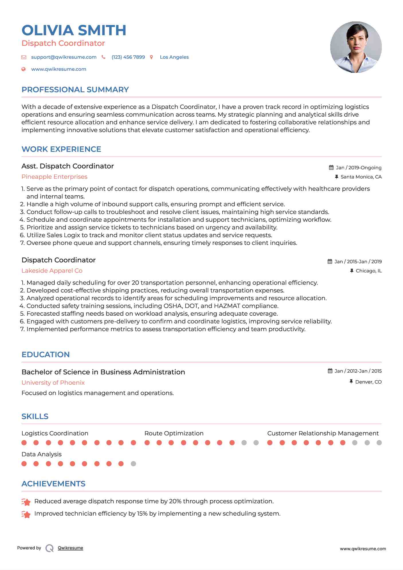 Asst. Dispatch Coordinator Resume Example