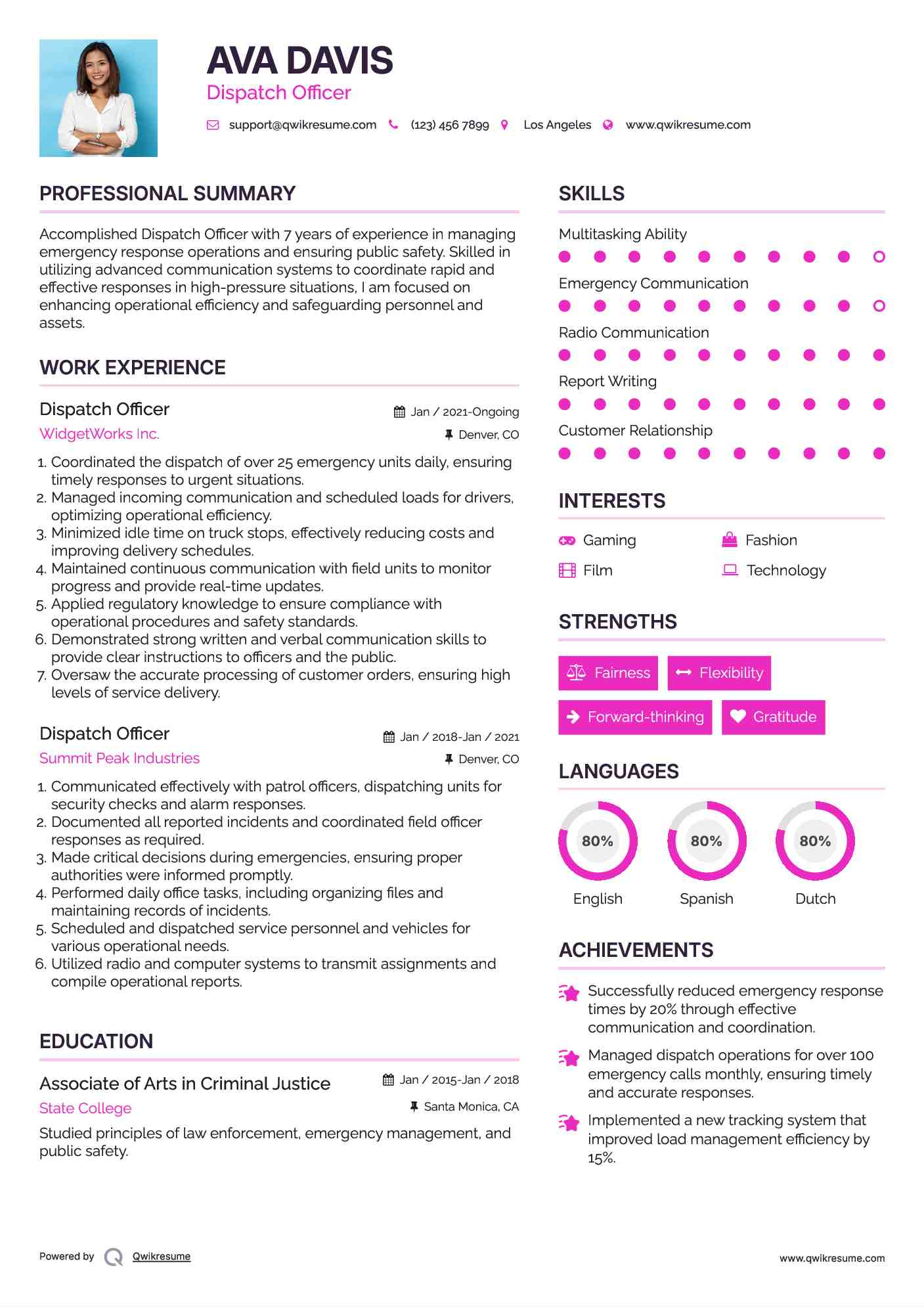 Dispatch Officer Resume Sample