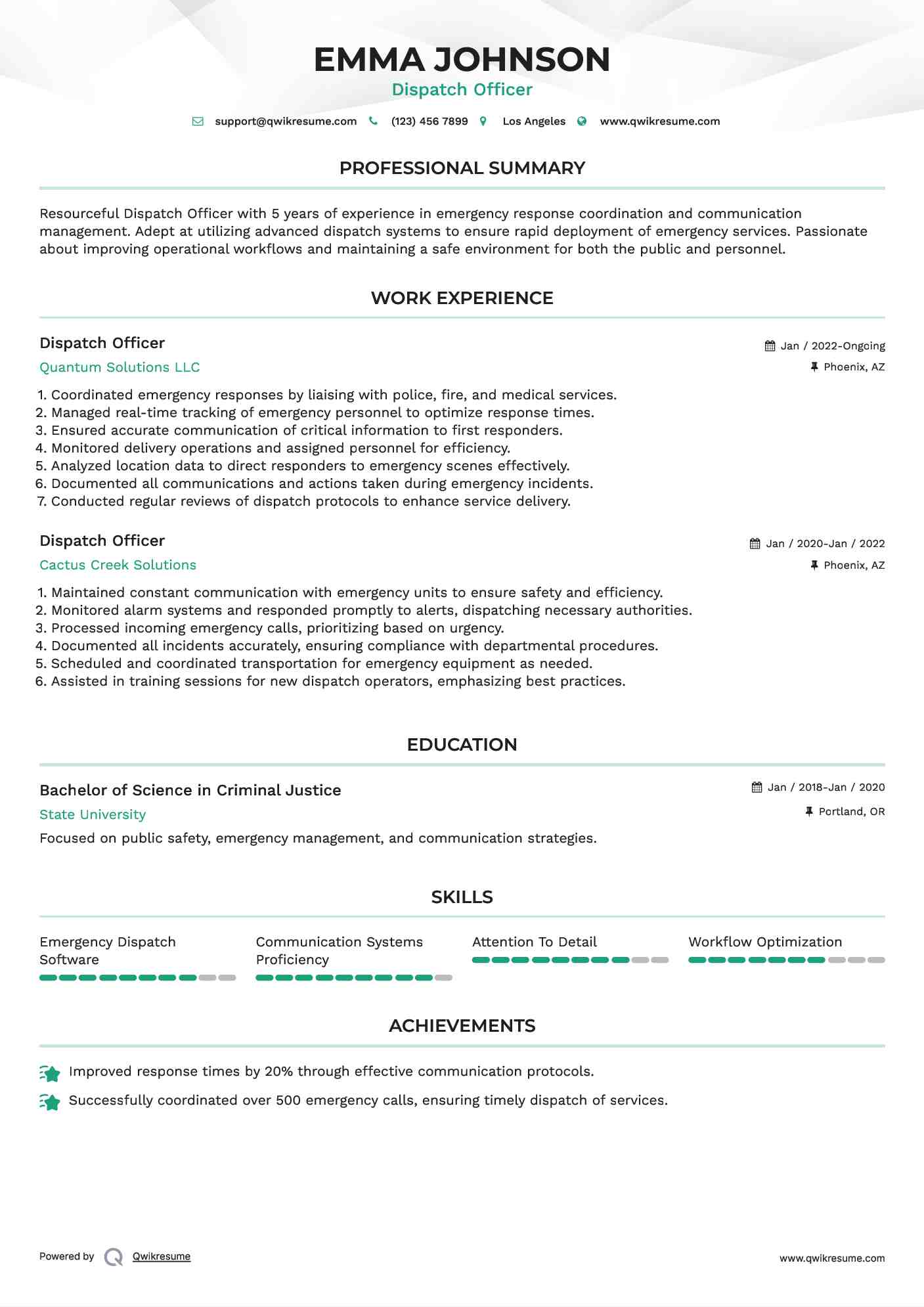 Dispatch Officer Resume Sample