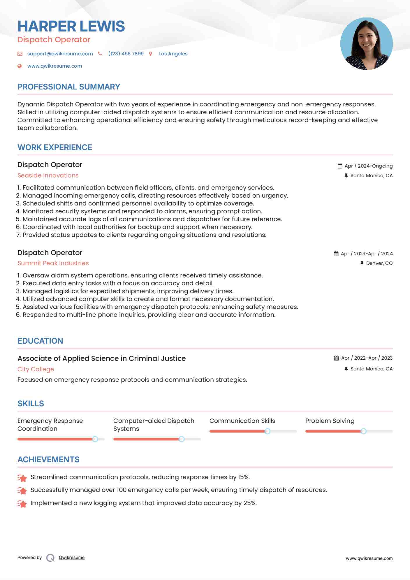Dispatch Operator Resume Format