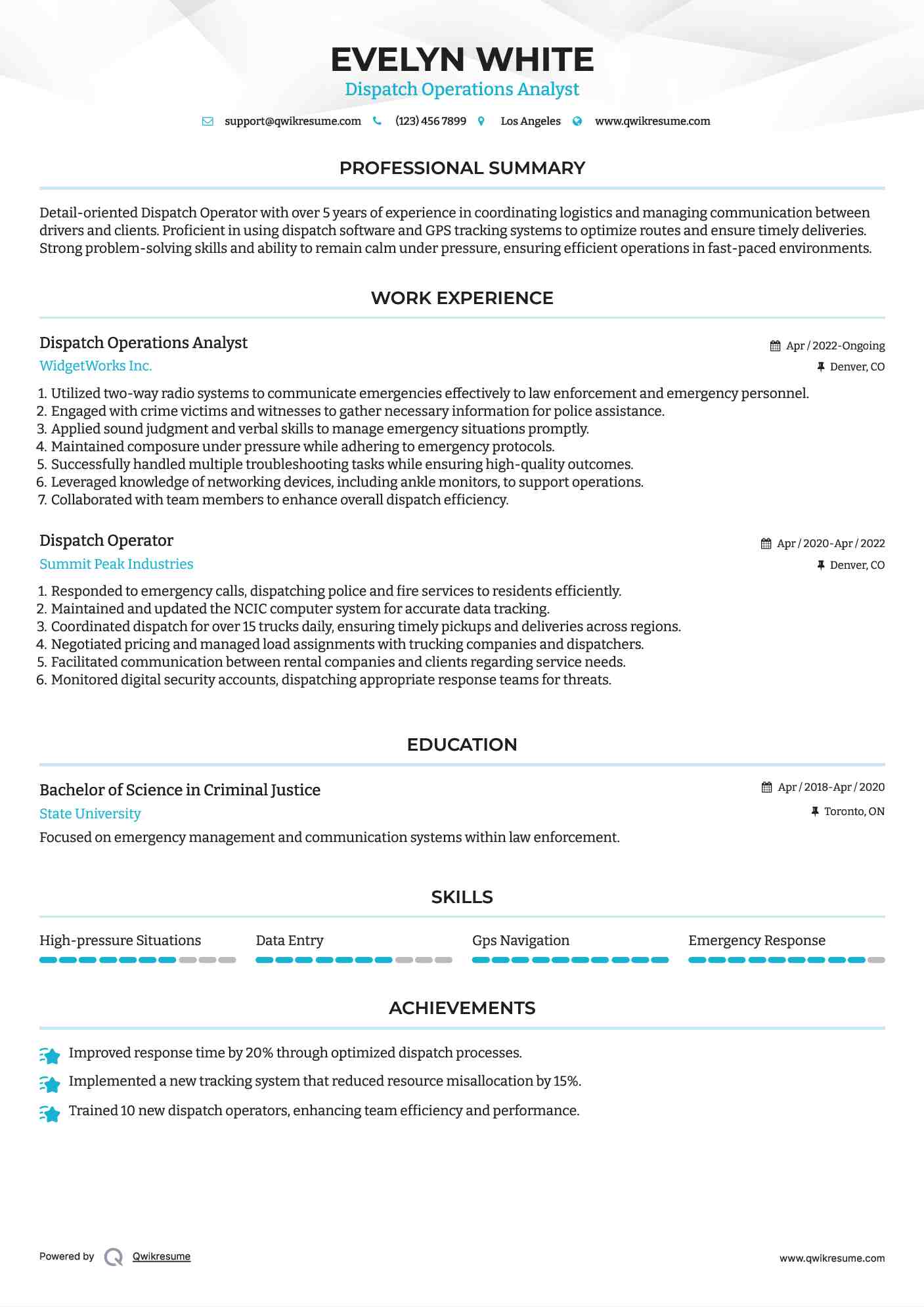 Dispatch Operator Resume Samples QwikResume