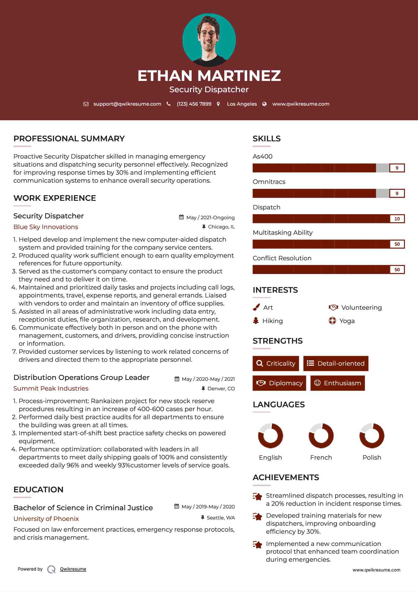 Security Dispatcher Resume Format