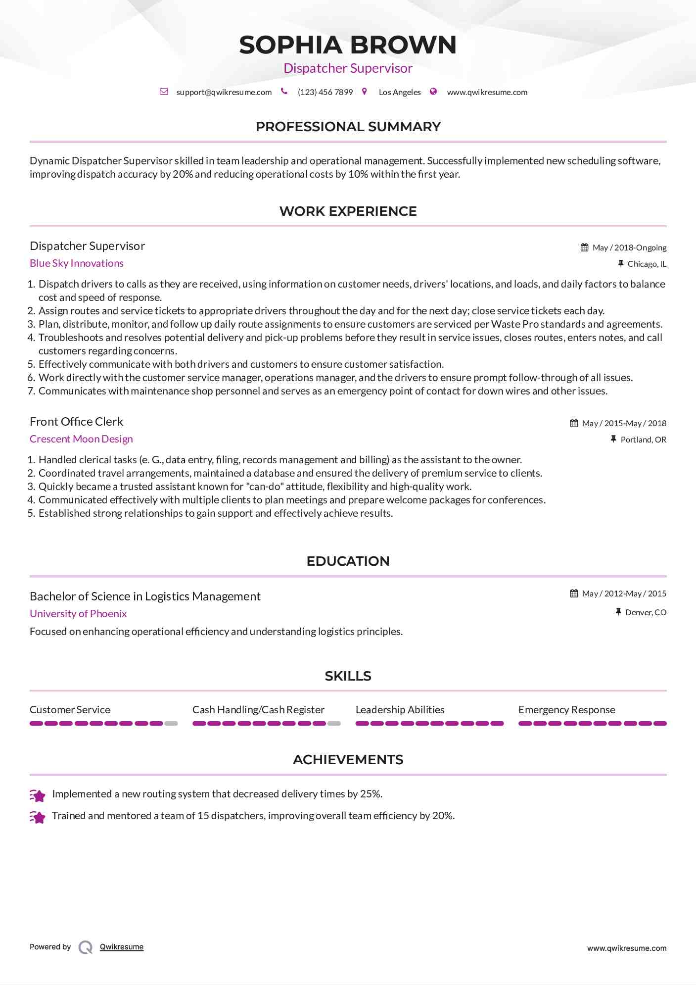 Dispatcher Supervisor Resume Template