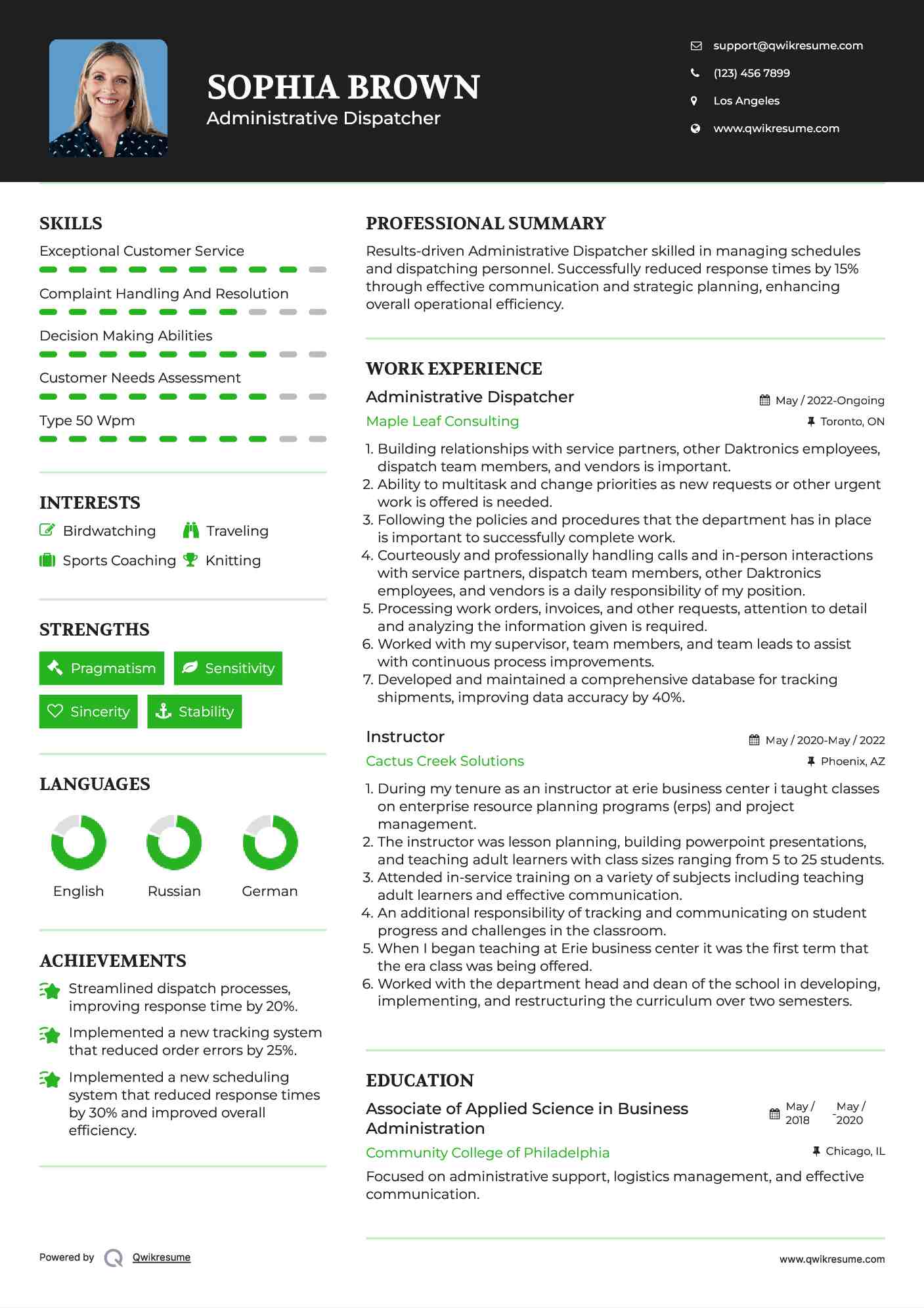 Administrative Dispatcher Resume Sample