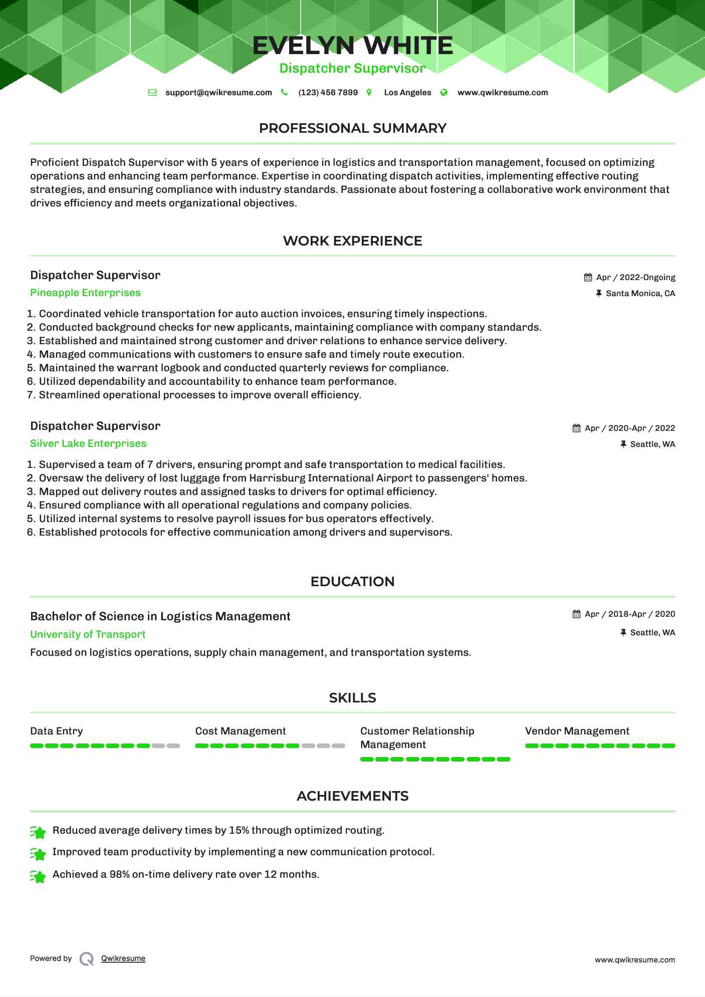 Dispatcher Supervisor Resume Model