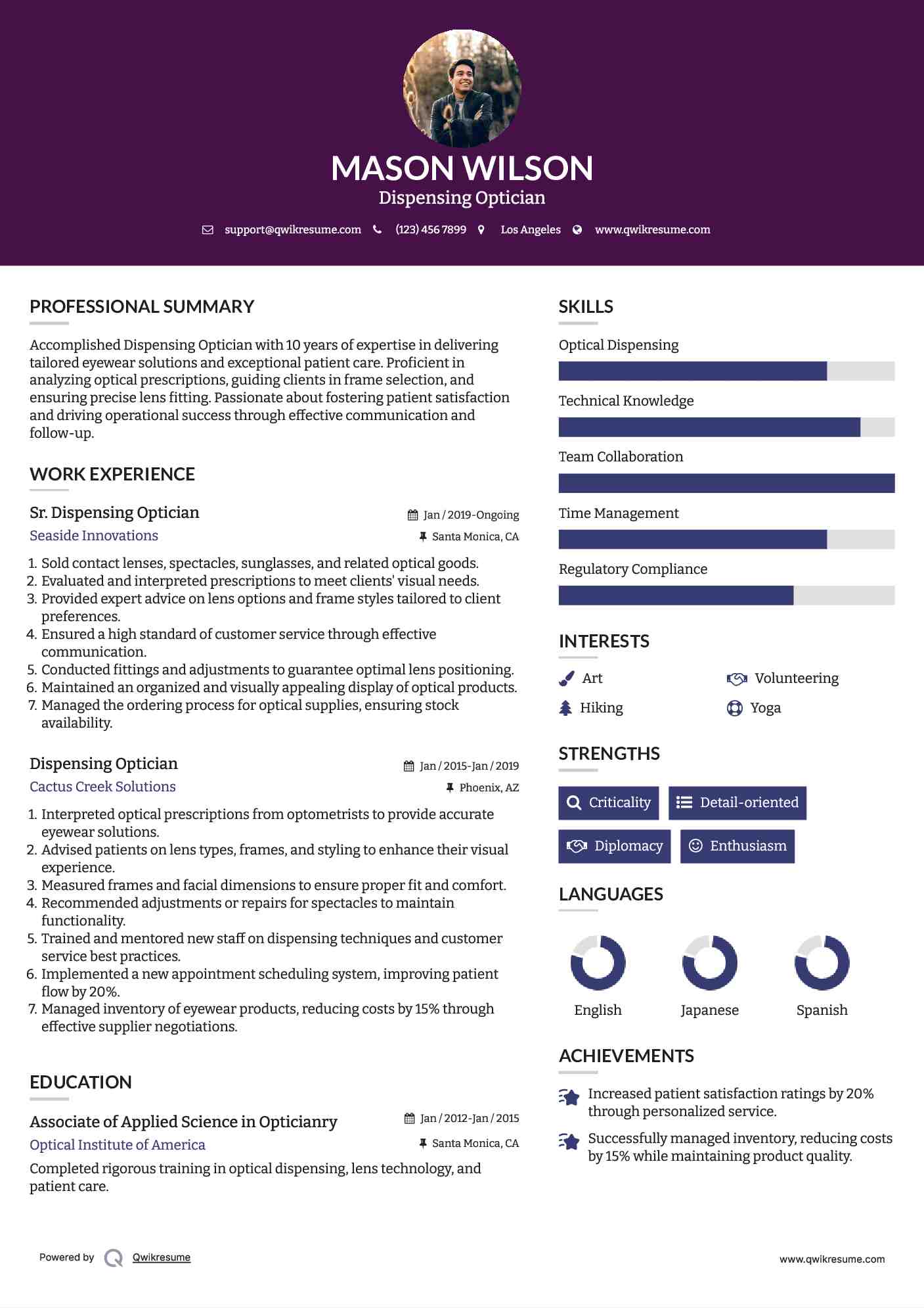 Sr. Dispensing Optician Resume Format