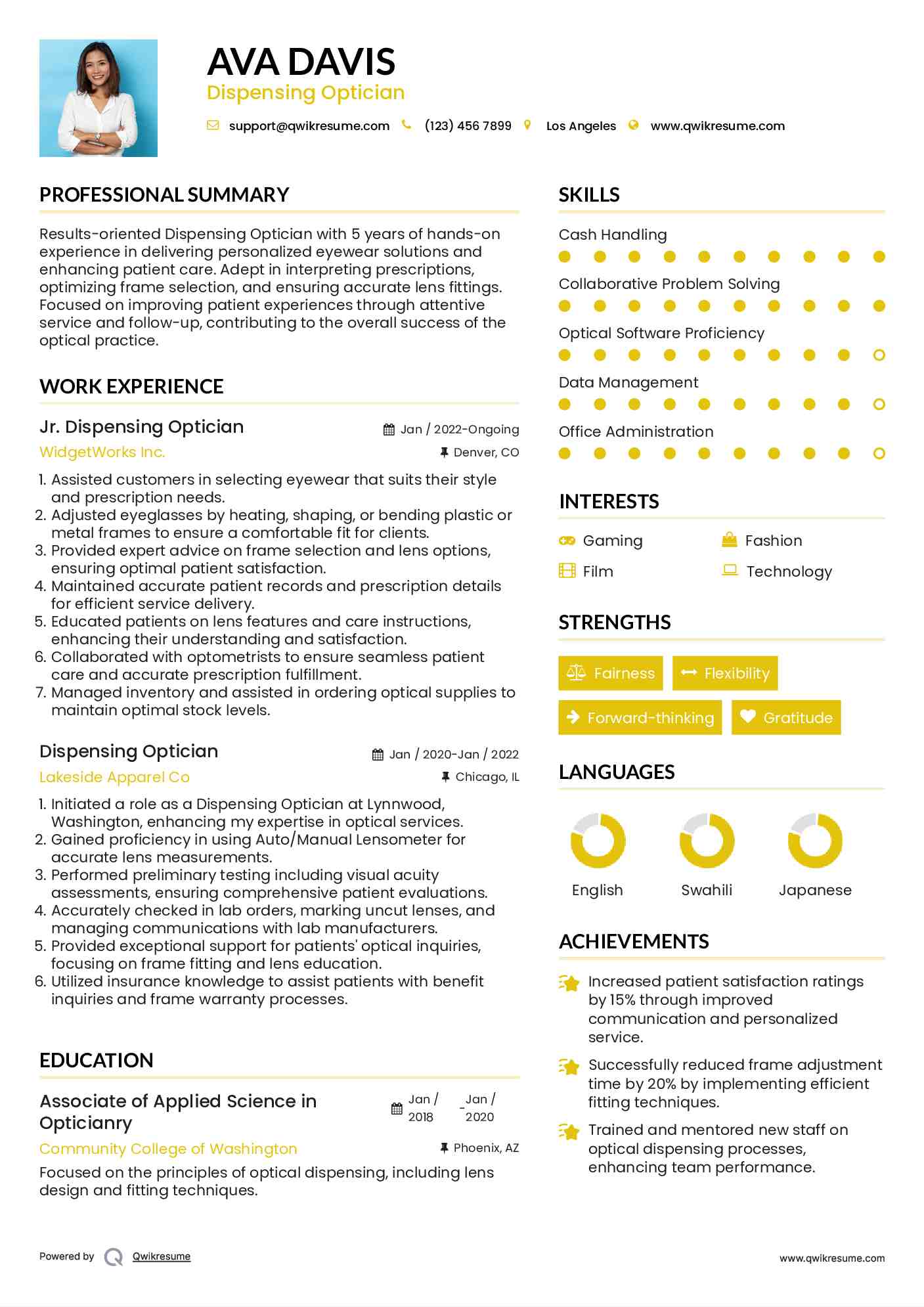 Jr. Dispensing Optician Resume Example