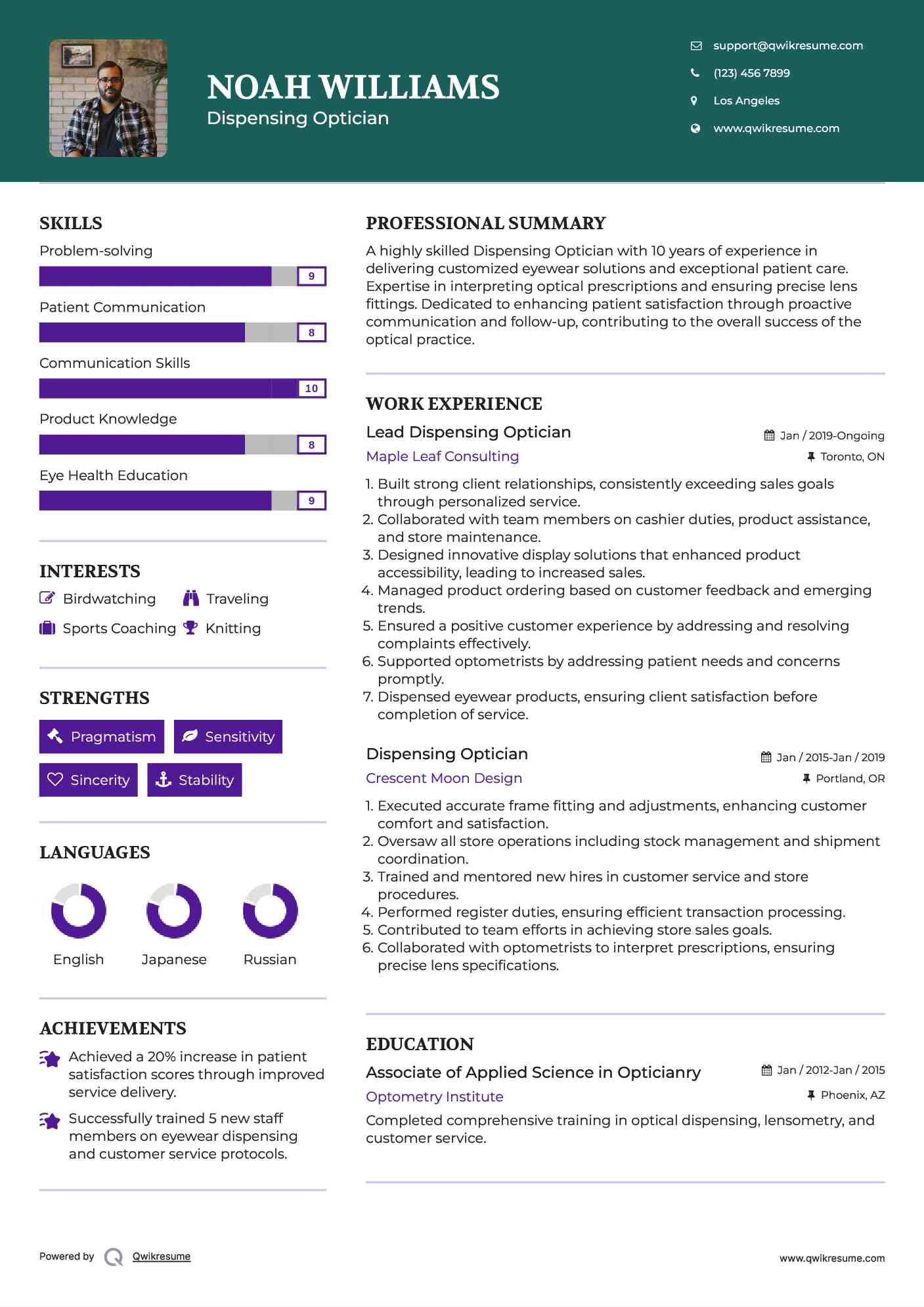 Lead Dispensing Optician Resume Sample