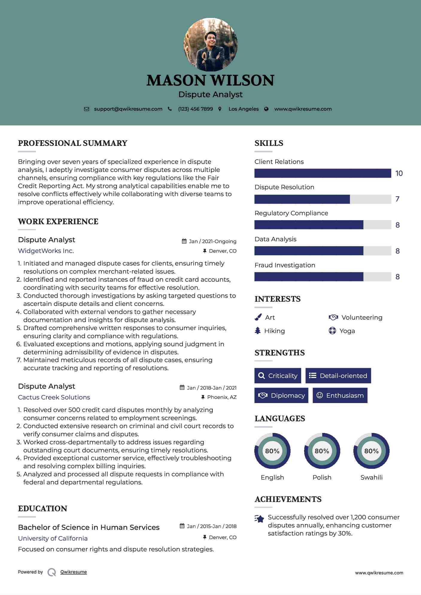 Dispute Analyst Resume Template
