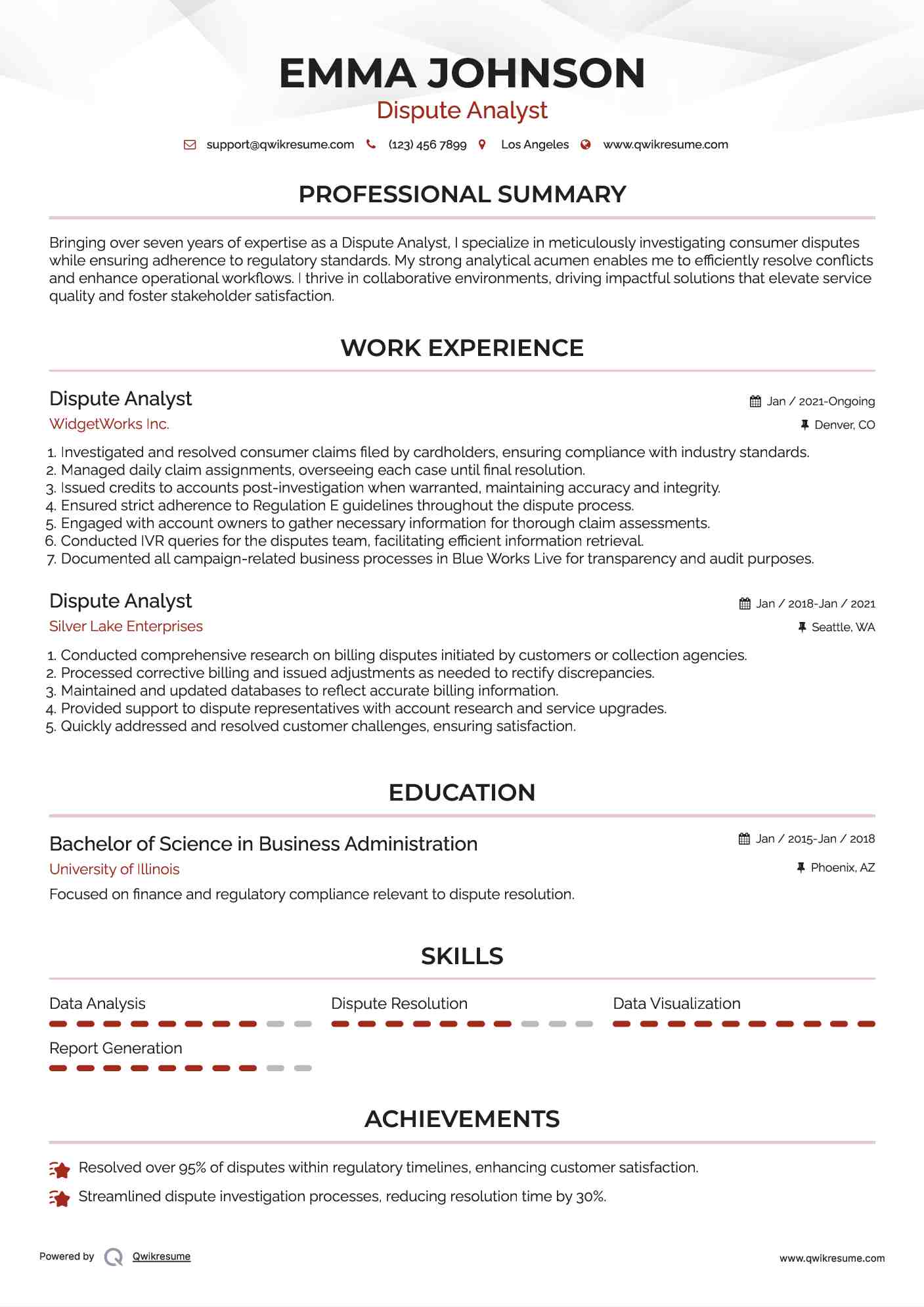 Dispute Analyst Resume Model