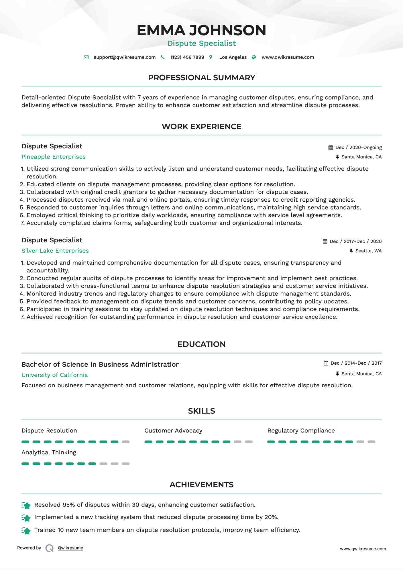 Dispute Specialist Resume Sample