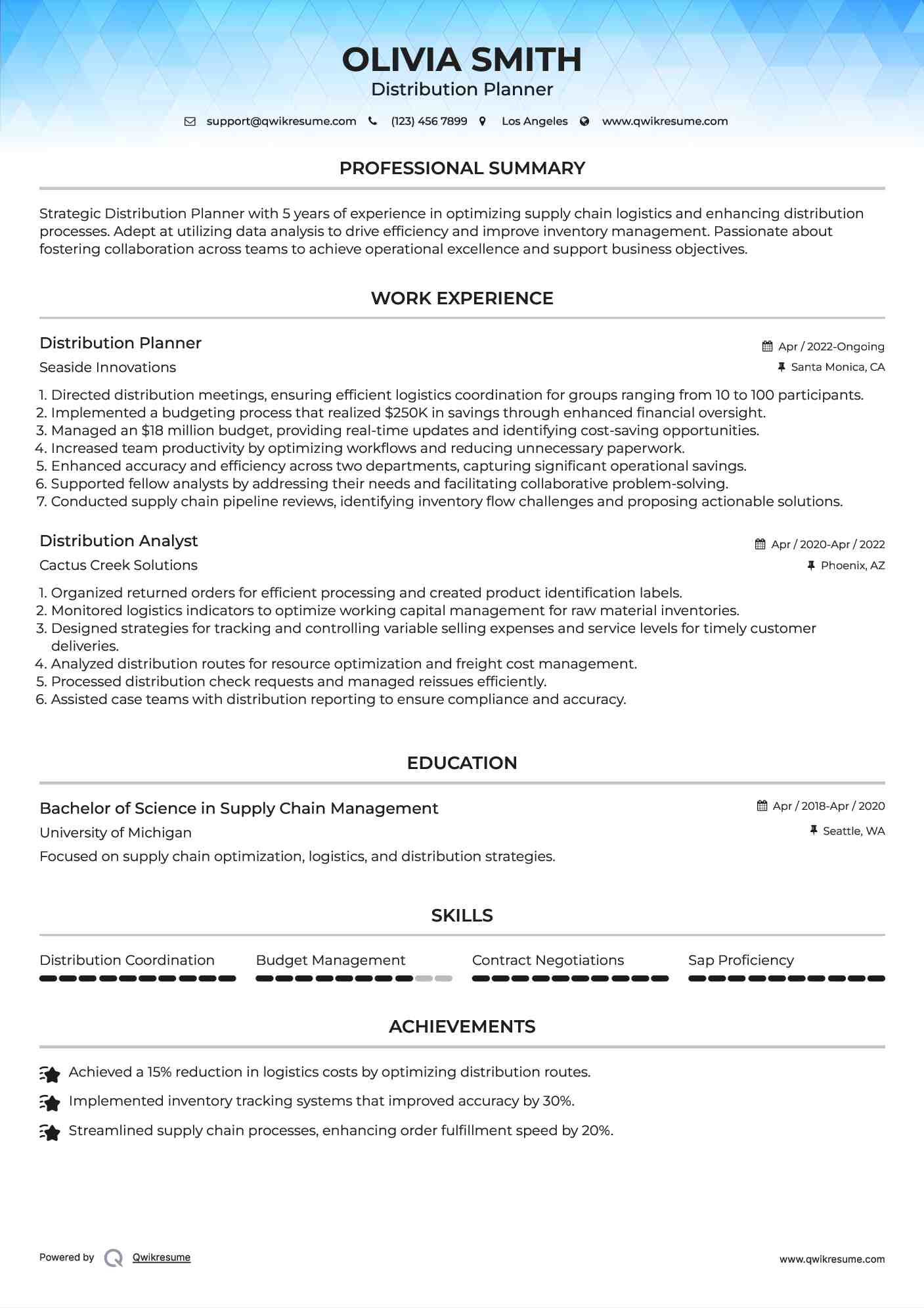 Distribution Planner Resume Format