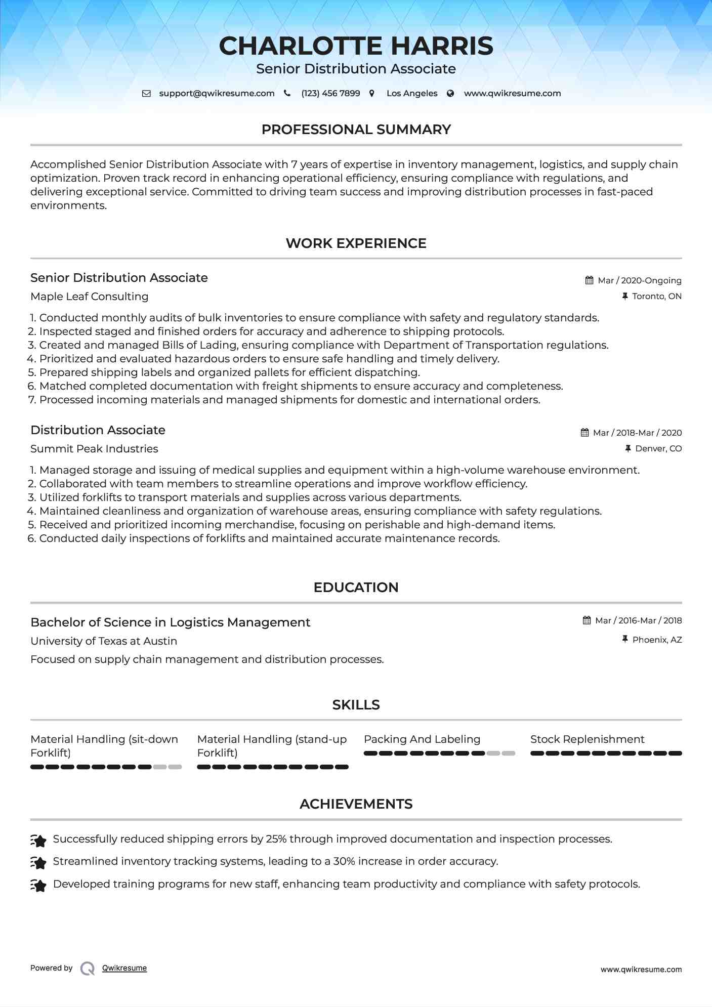 Senior Distribution Associate Resume Template