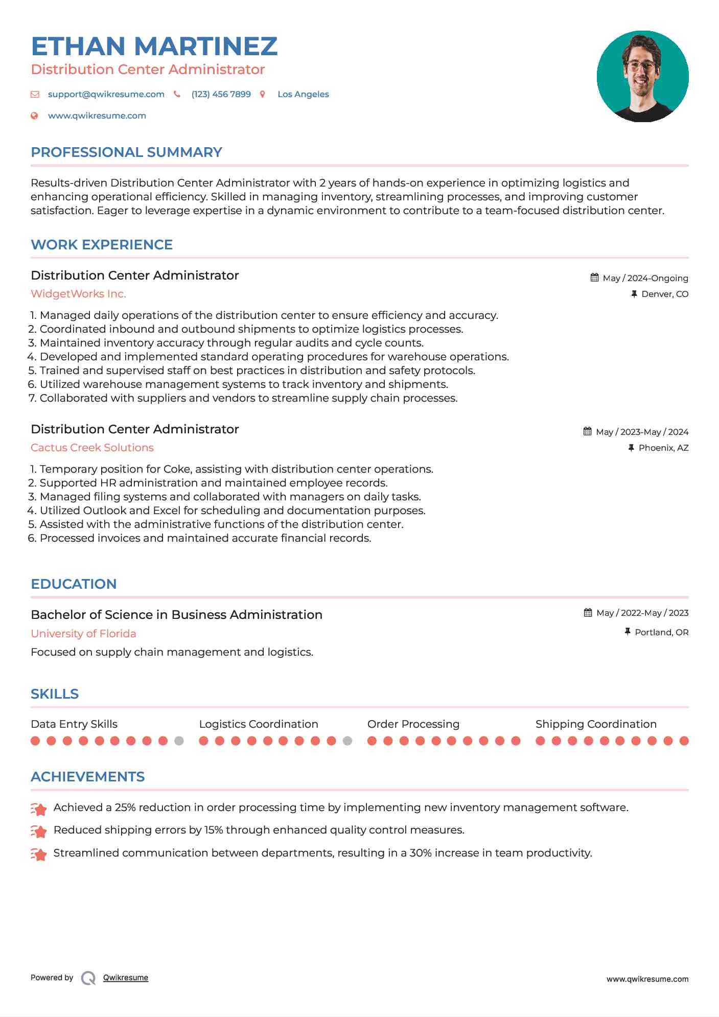 Distribution Center Administrator Resume Example