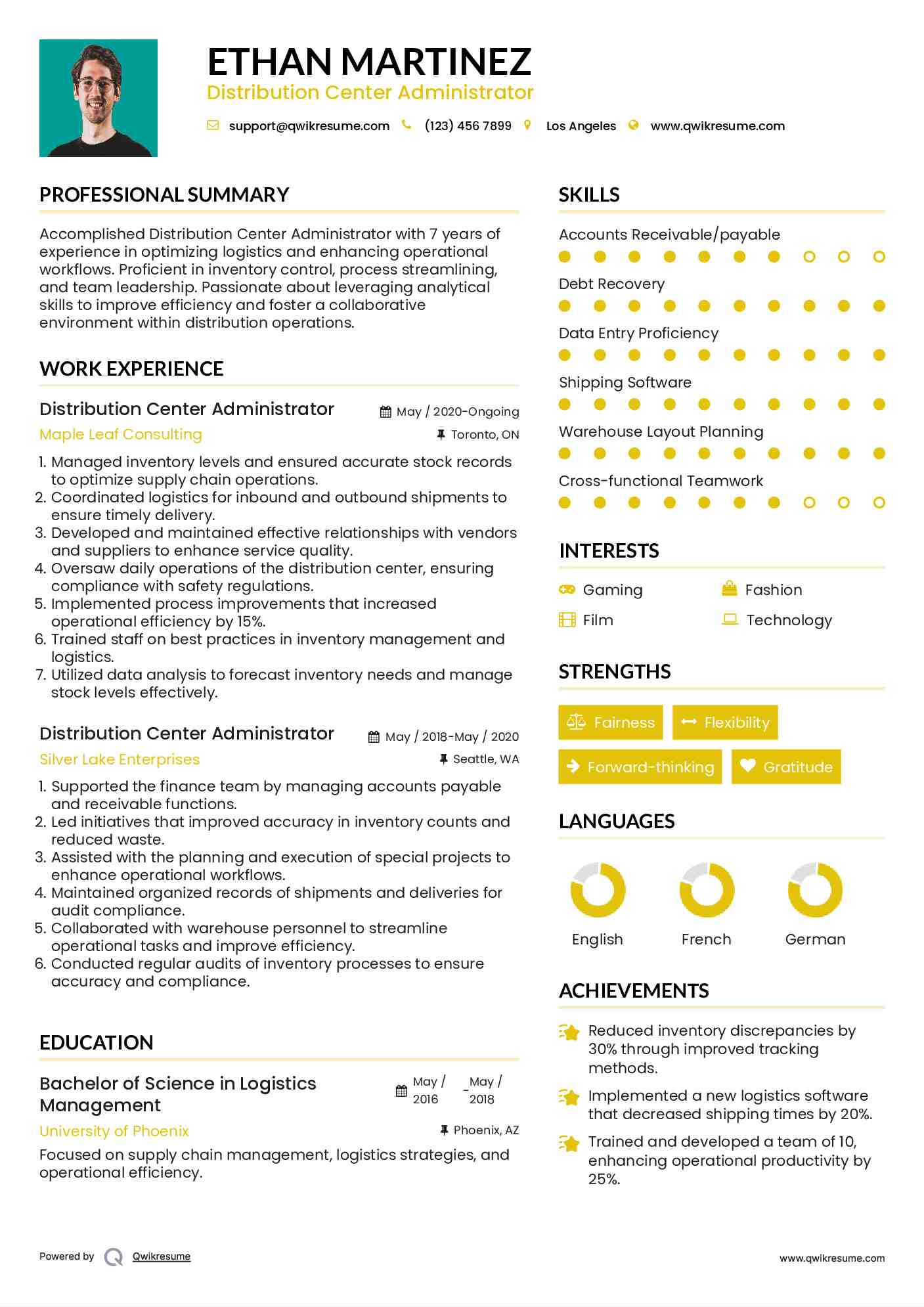 Distribution Center Administrator Resume Model