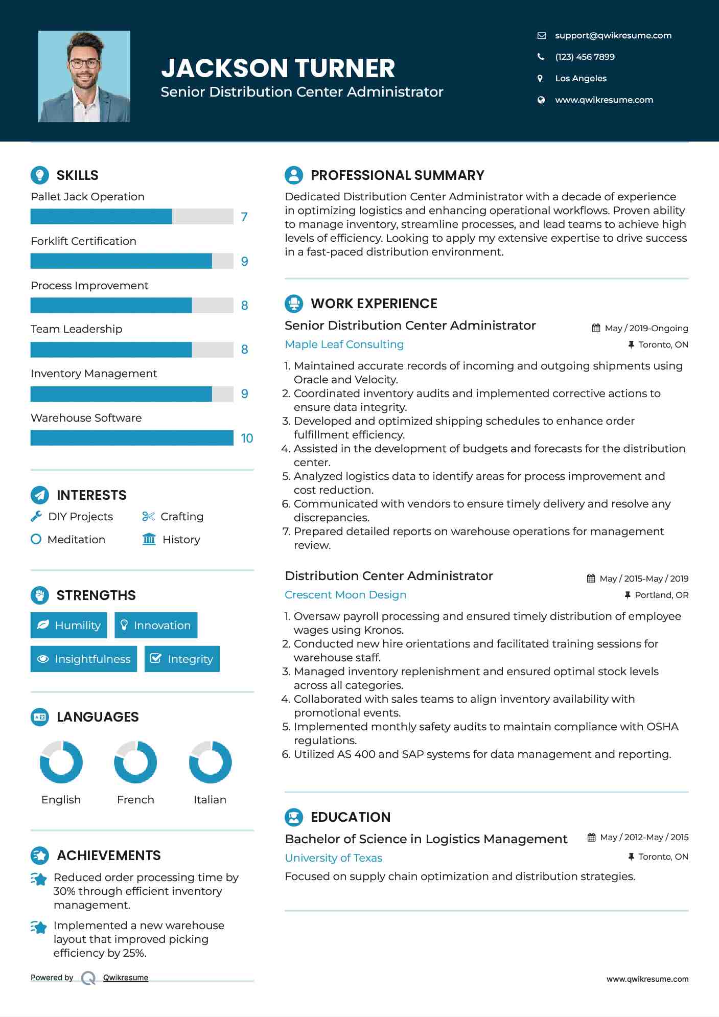Senior Distribution Center Administrator Resume Format