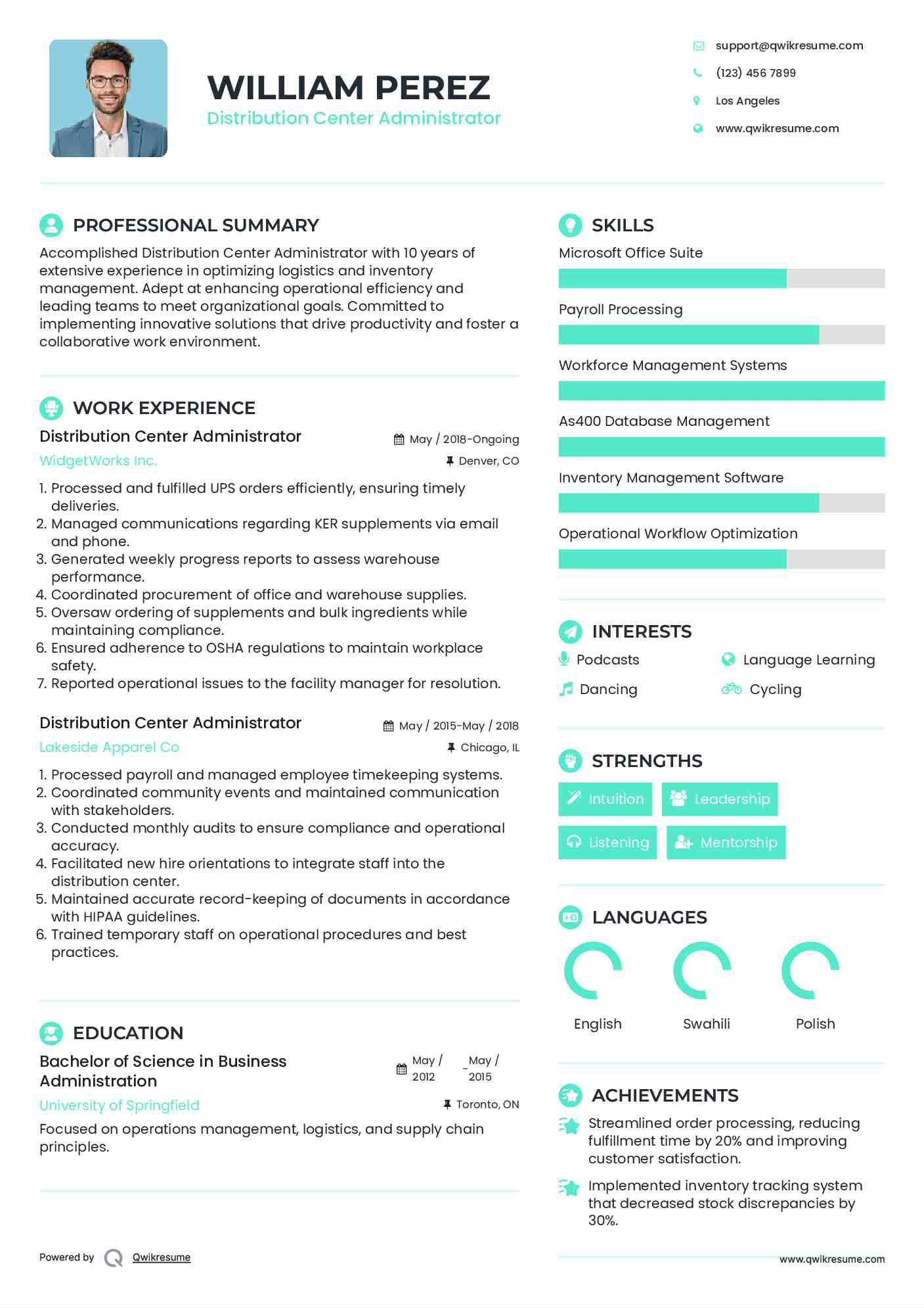 Distribution Center Administrator Resume Example