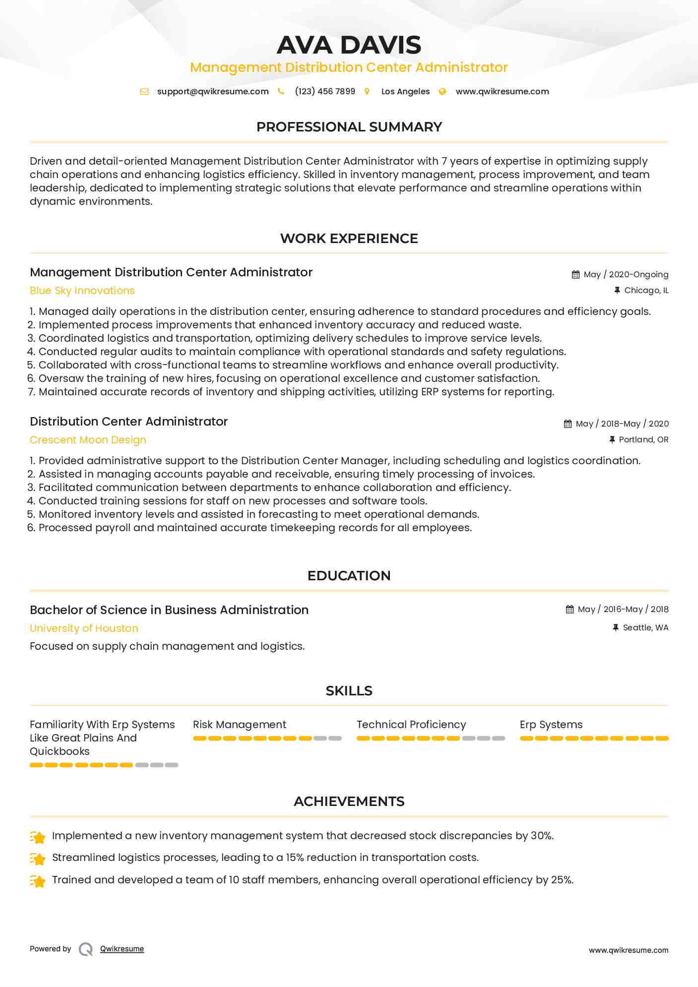 Management Distribution Center Administrator Resume Template