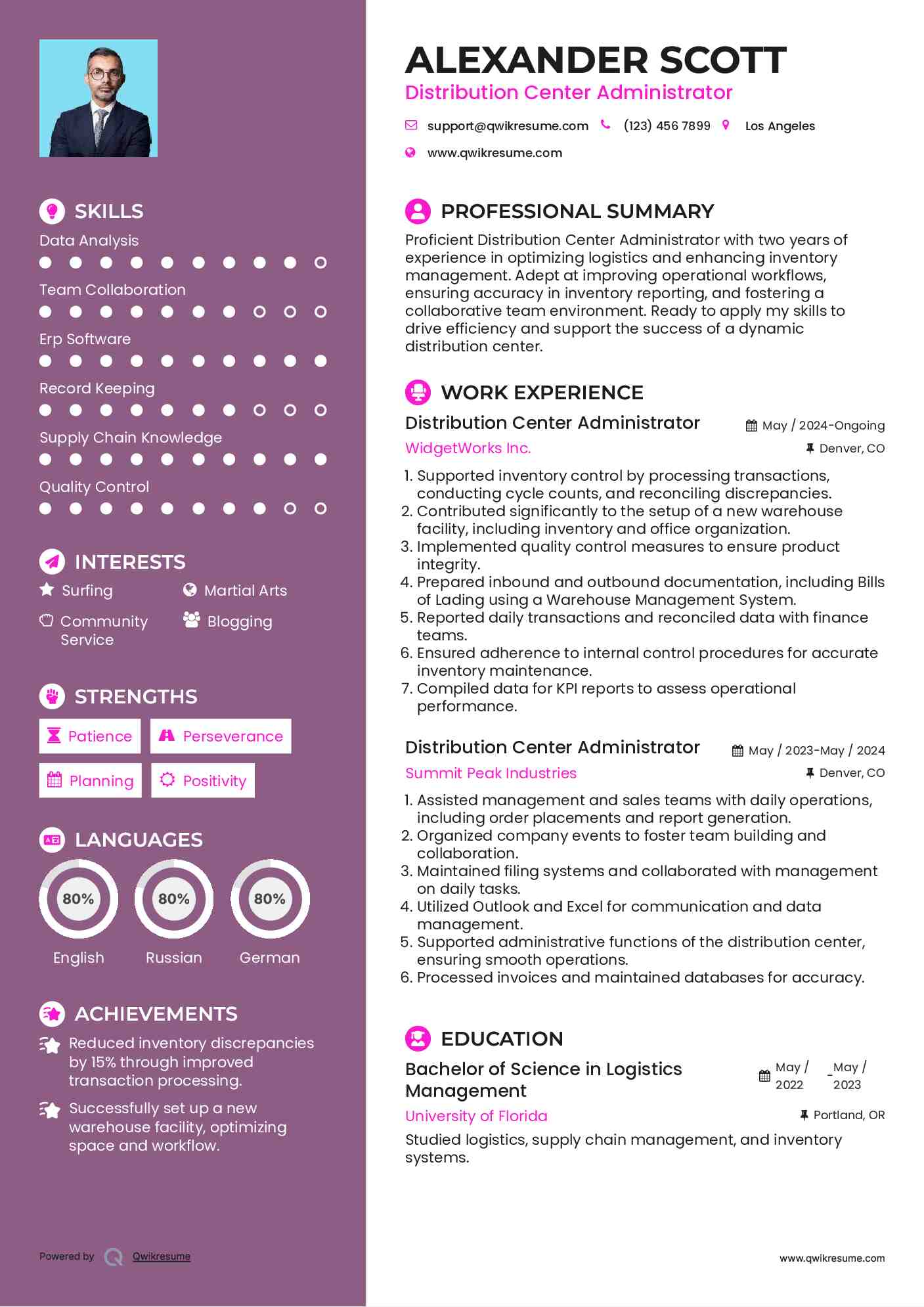 Distribution Center Administrator Resume Model