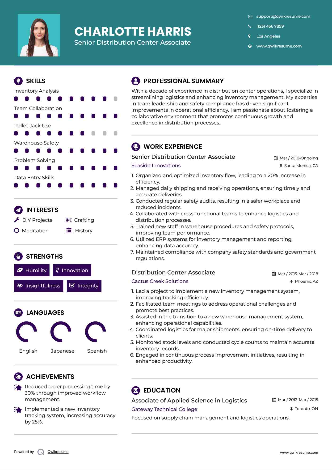 Senior Distribution Center Associate Resume Example