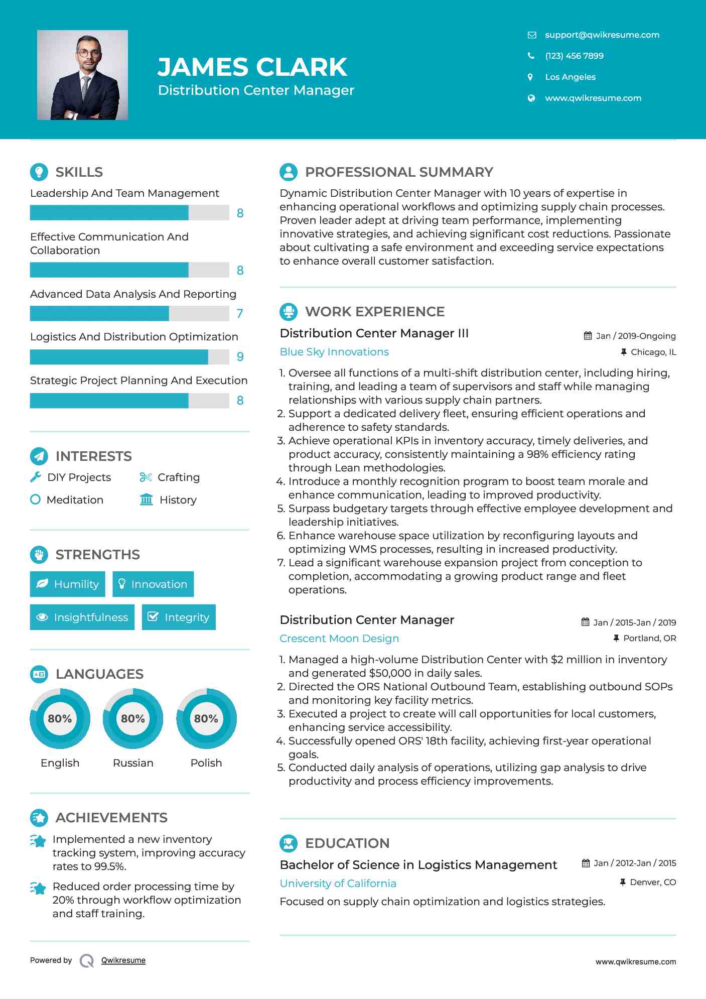 Distribution center management resume