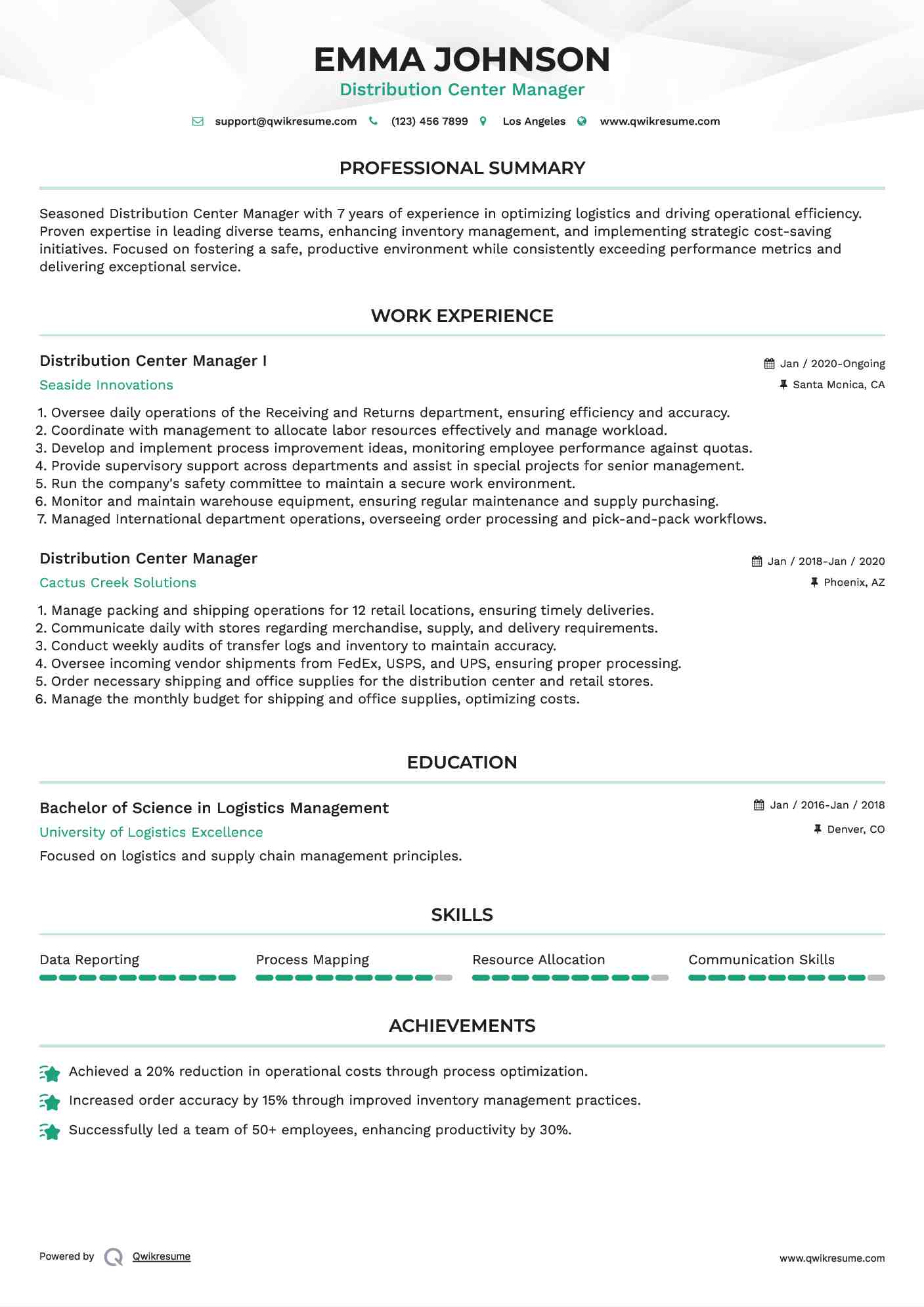 Distribution Center Manager I Resume Example