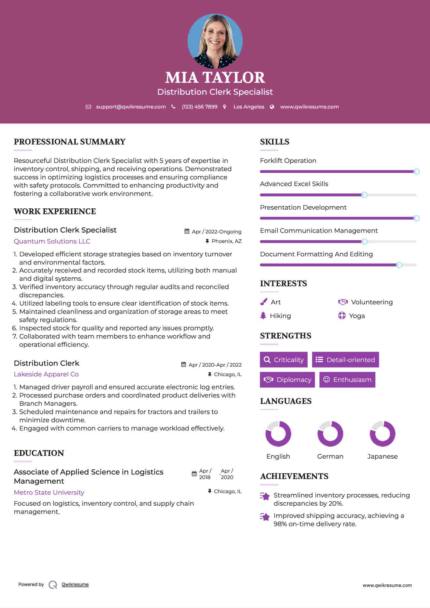 Distribution Clerk Specialist Resume Sample