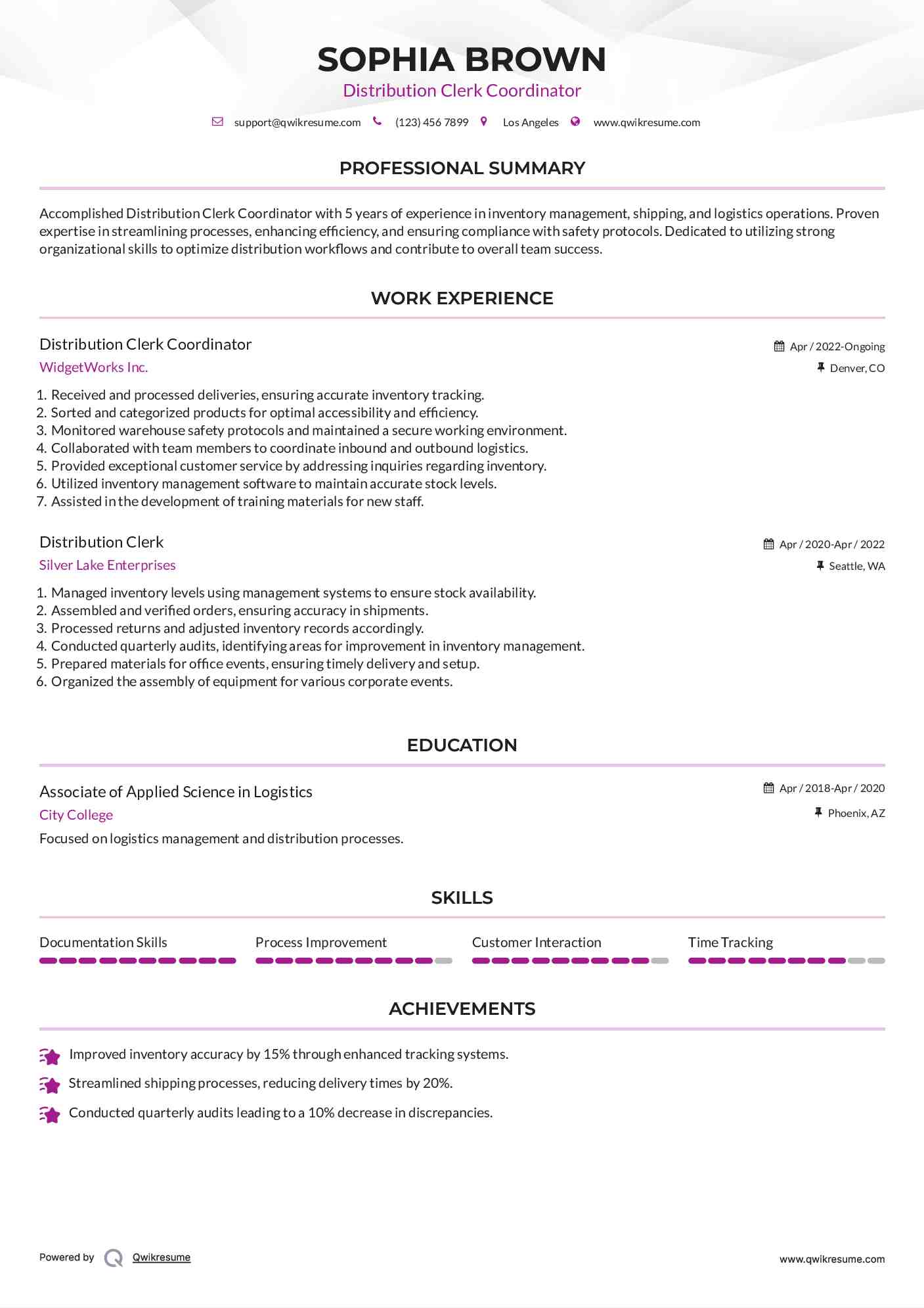 Distribution Clerk Coordinator Resume Example