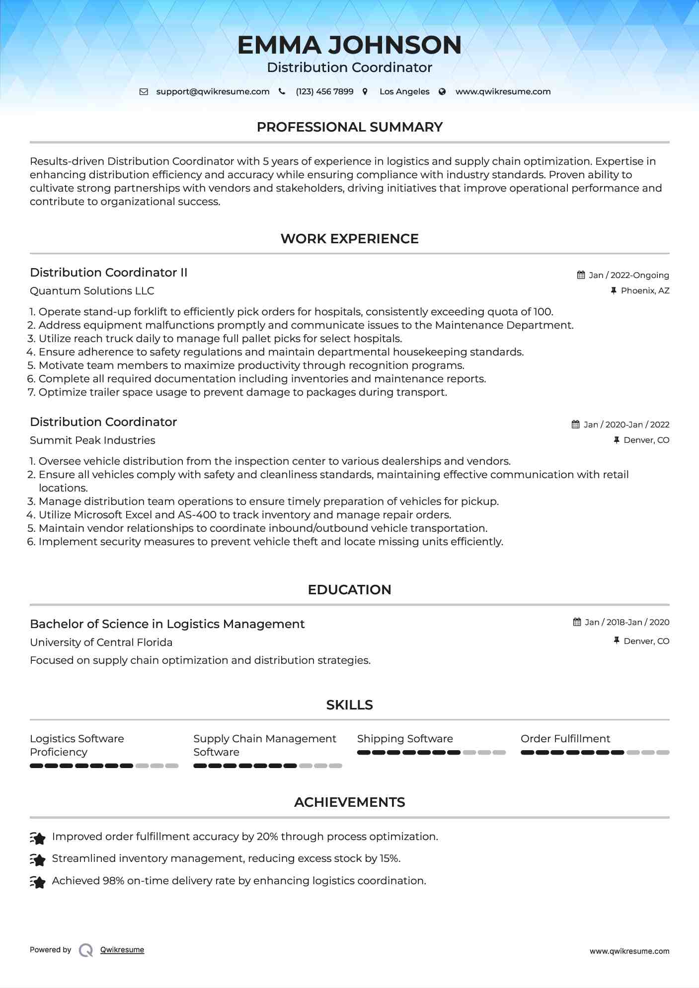 Distribution planner resume