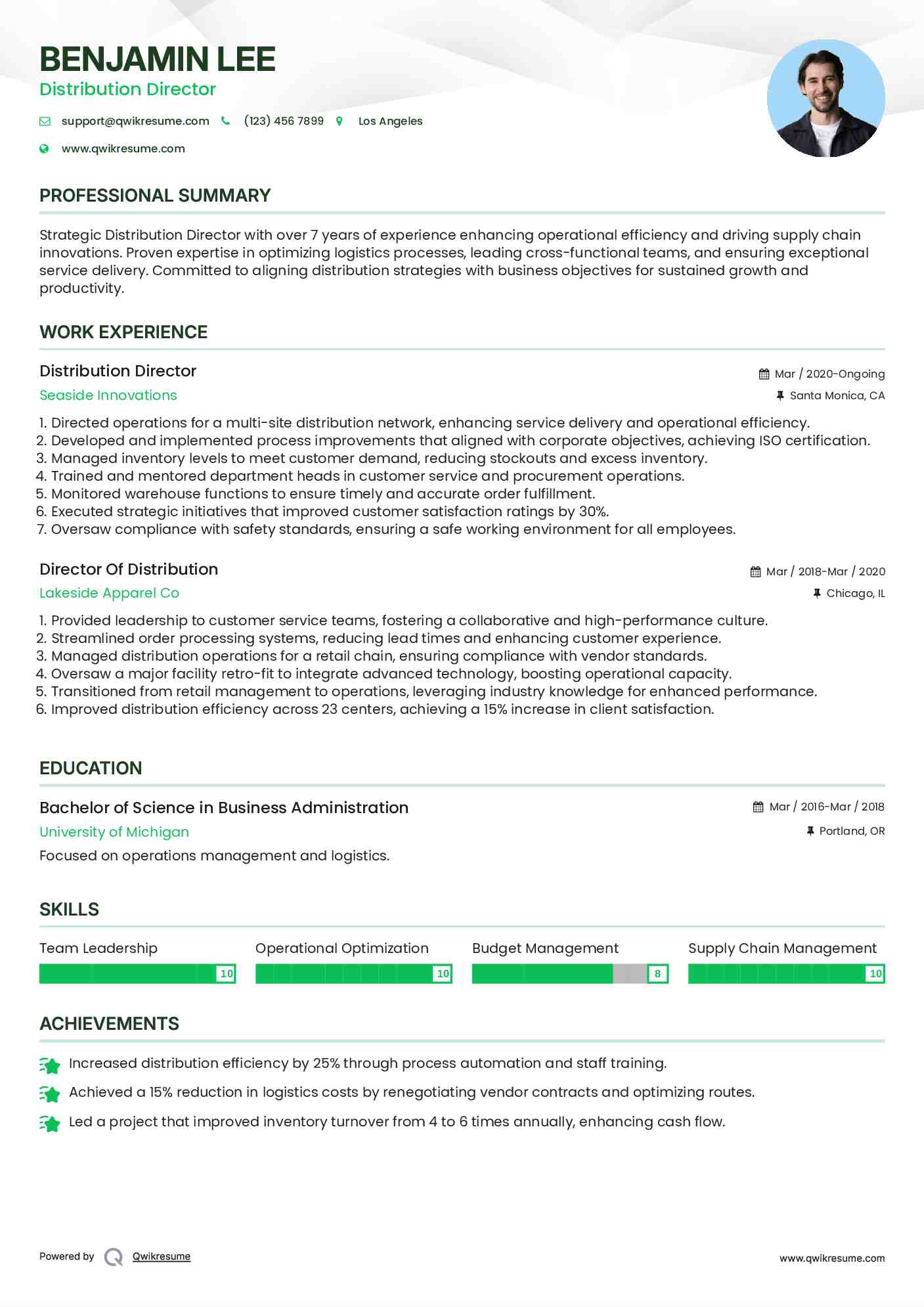 Distribution Director Resume Sample