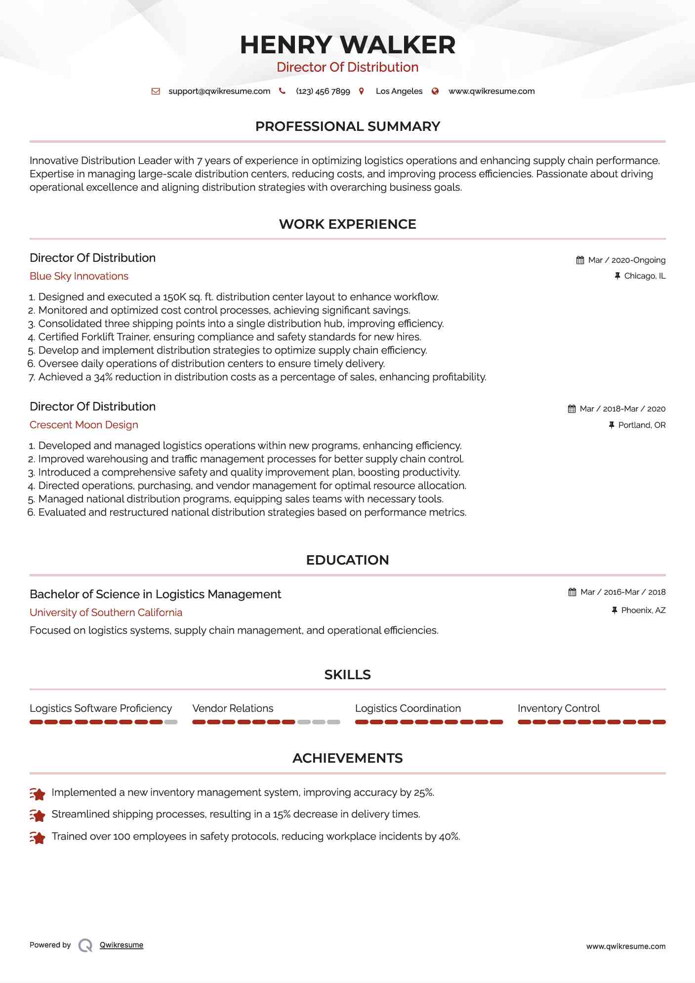 Director Of Distribution Resume Example