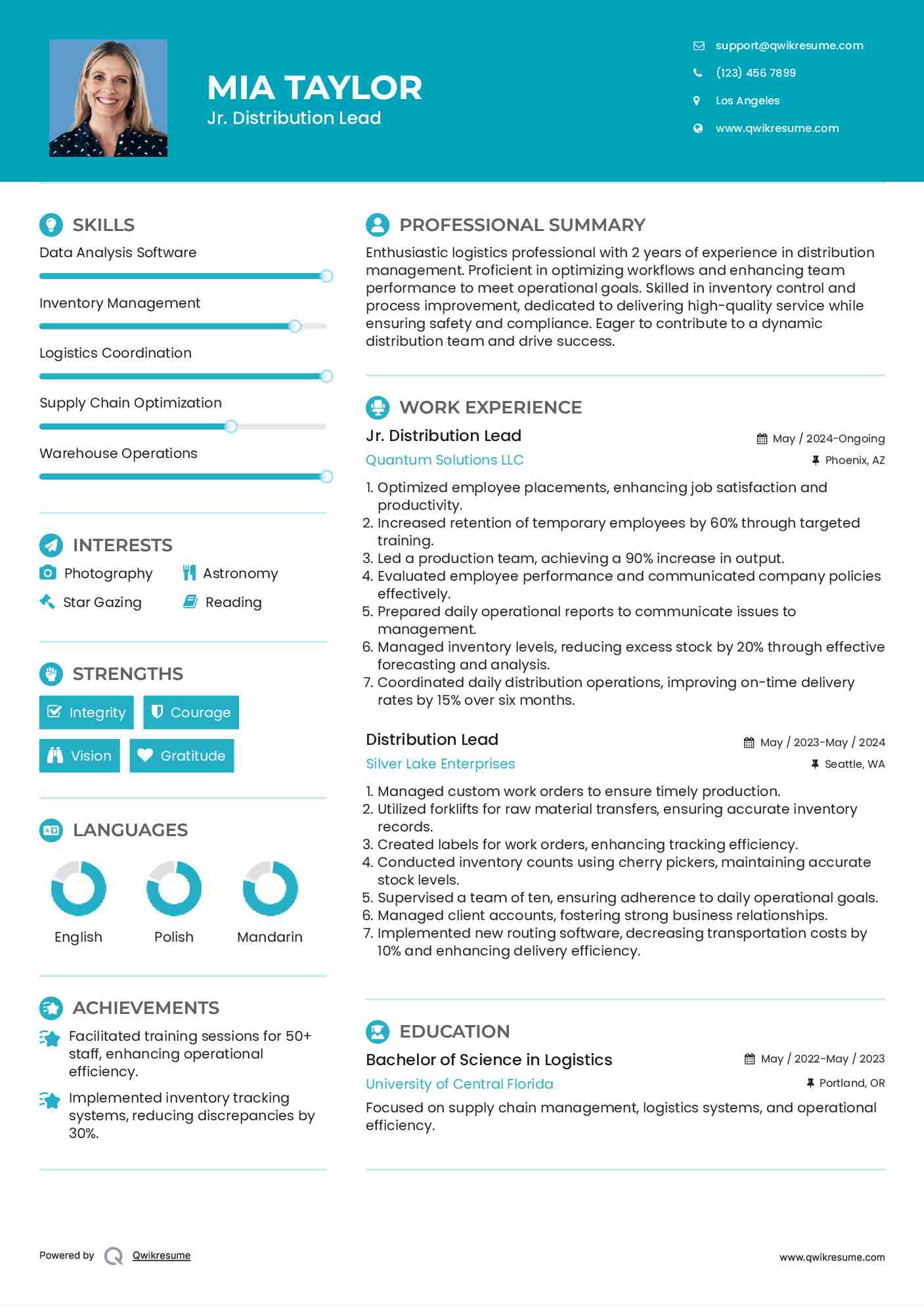Jr. Distribution Lead Resume Format