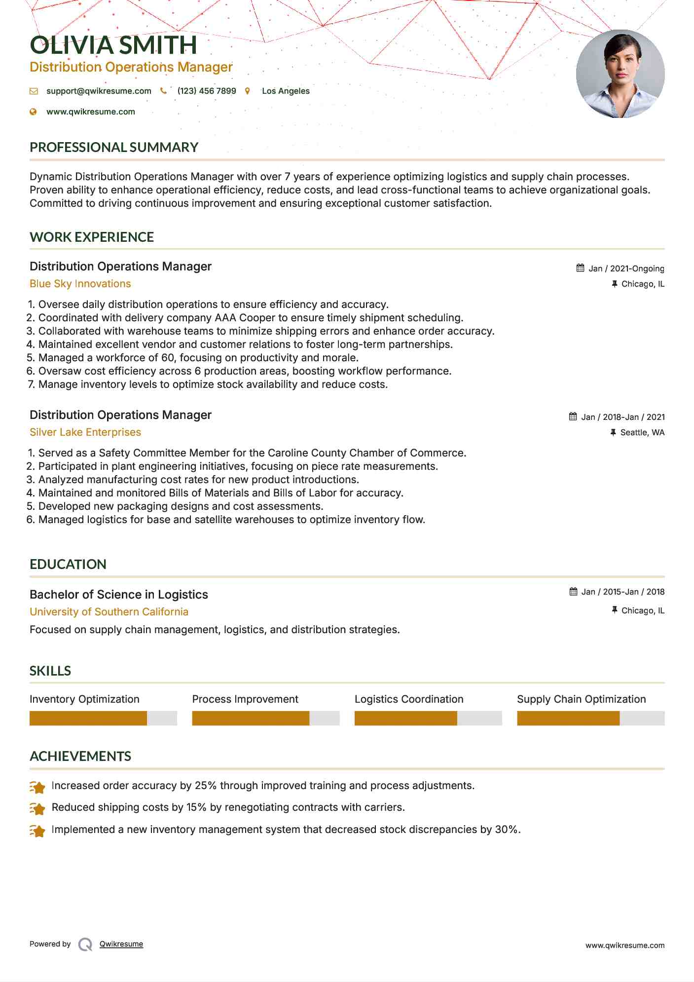 Distributor Operations Manager Resume Sample