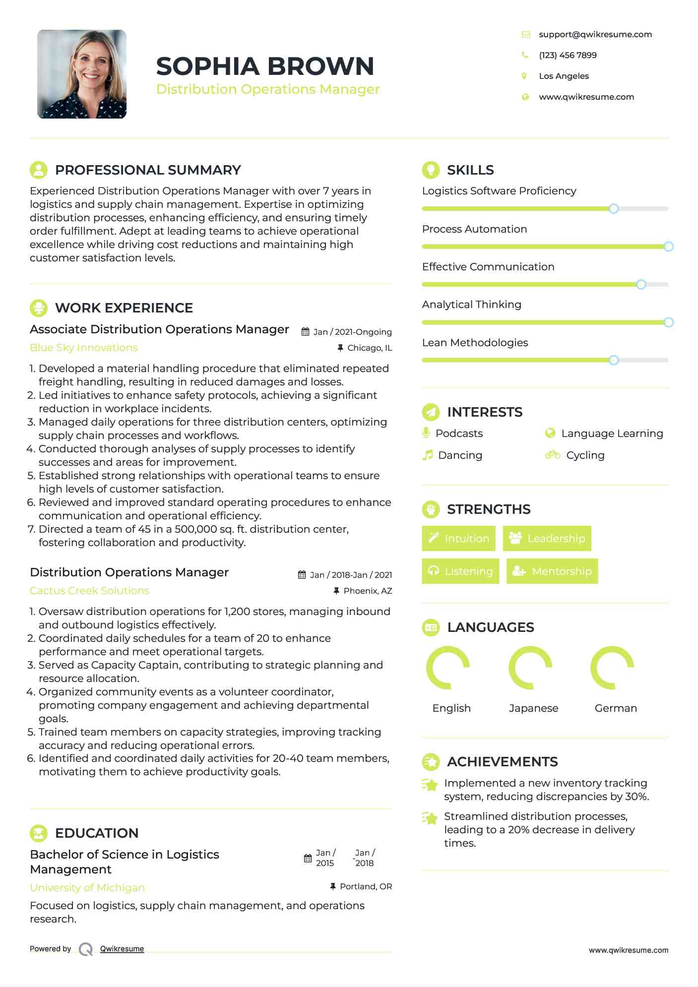 Associate Distribution Operations Manager Resume Template