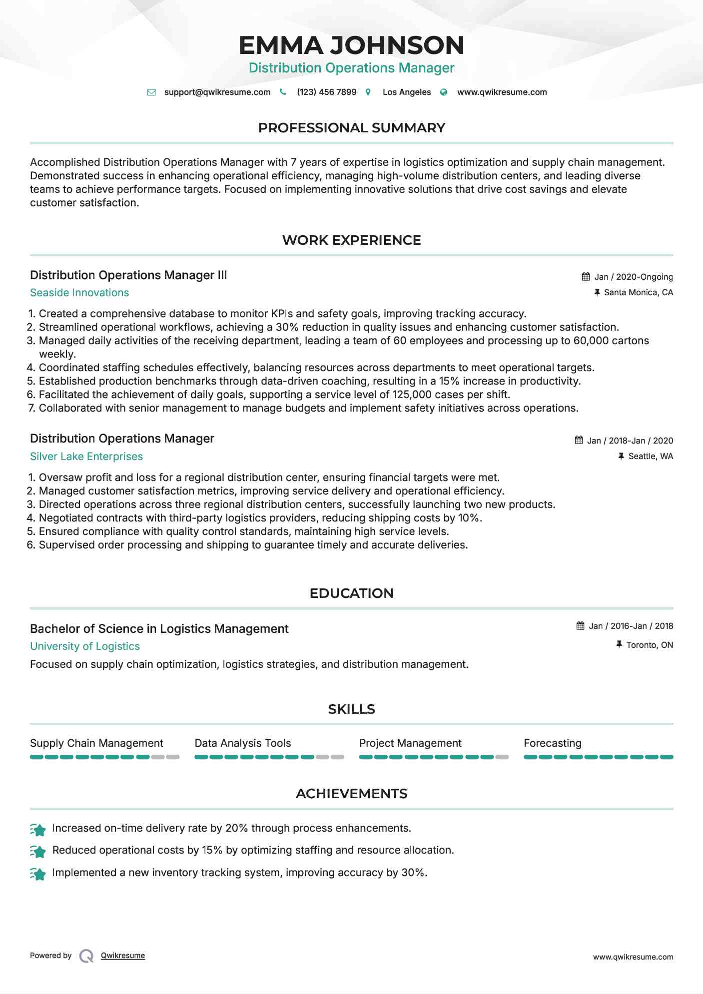 Distribution Operations Manager III Resume Model