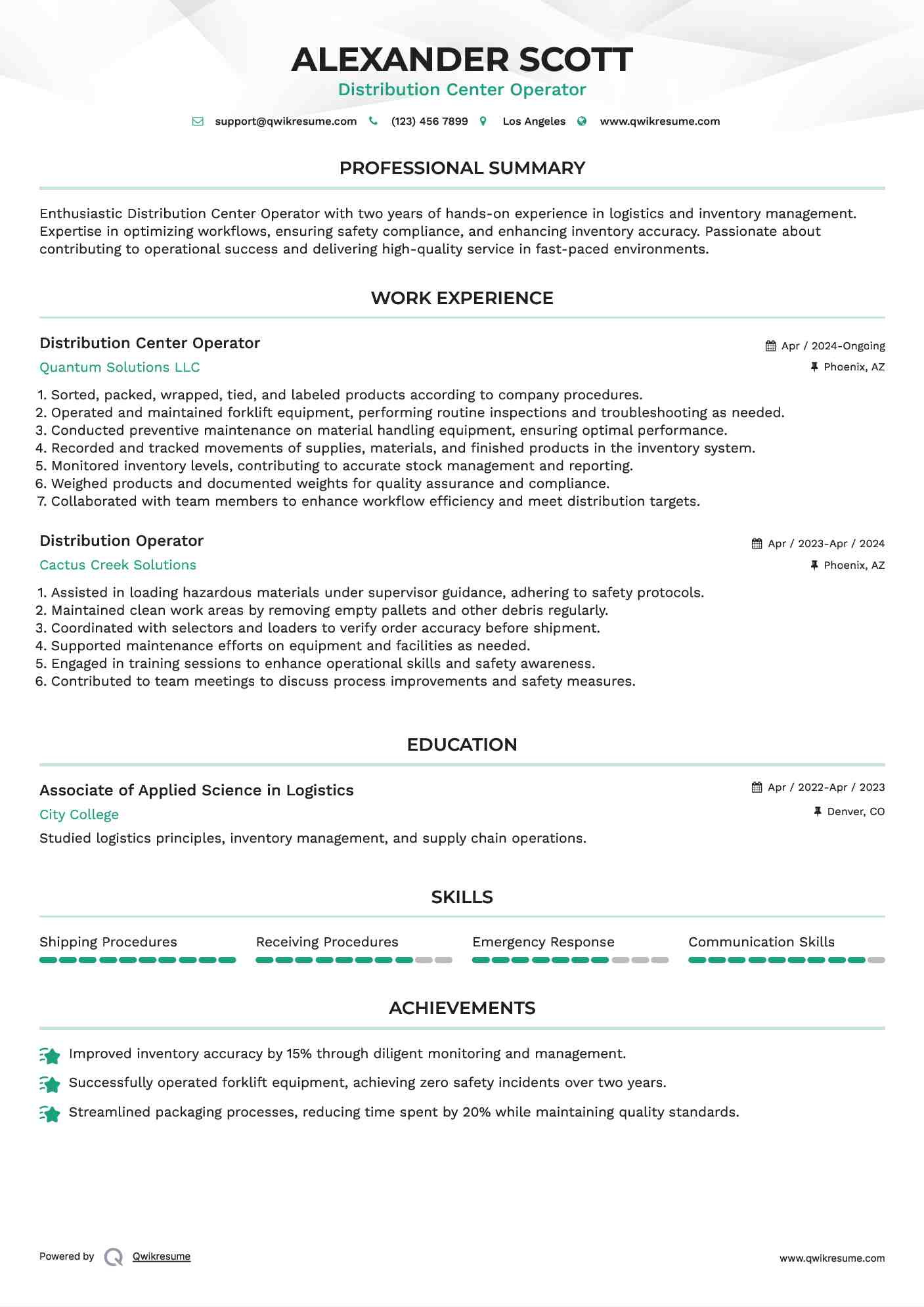 Distribution Center Operator Resume Sample