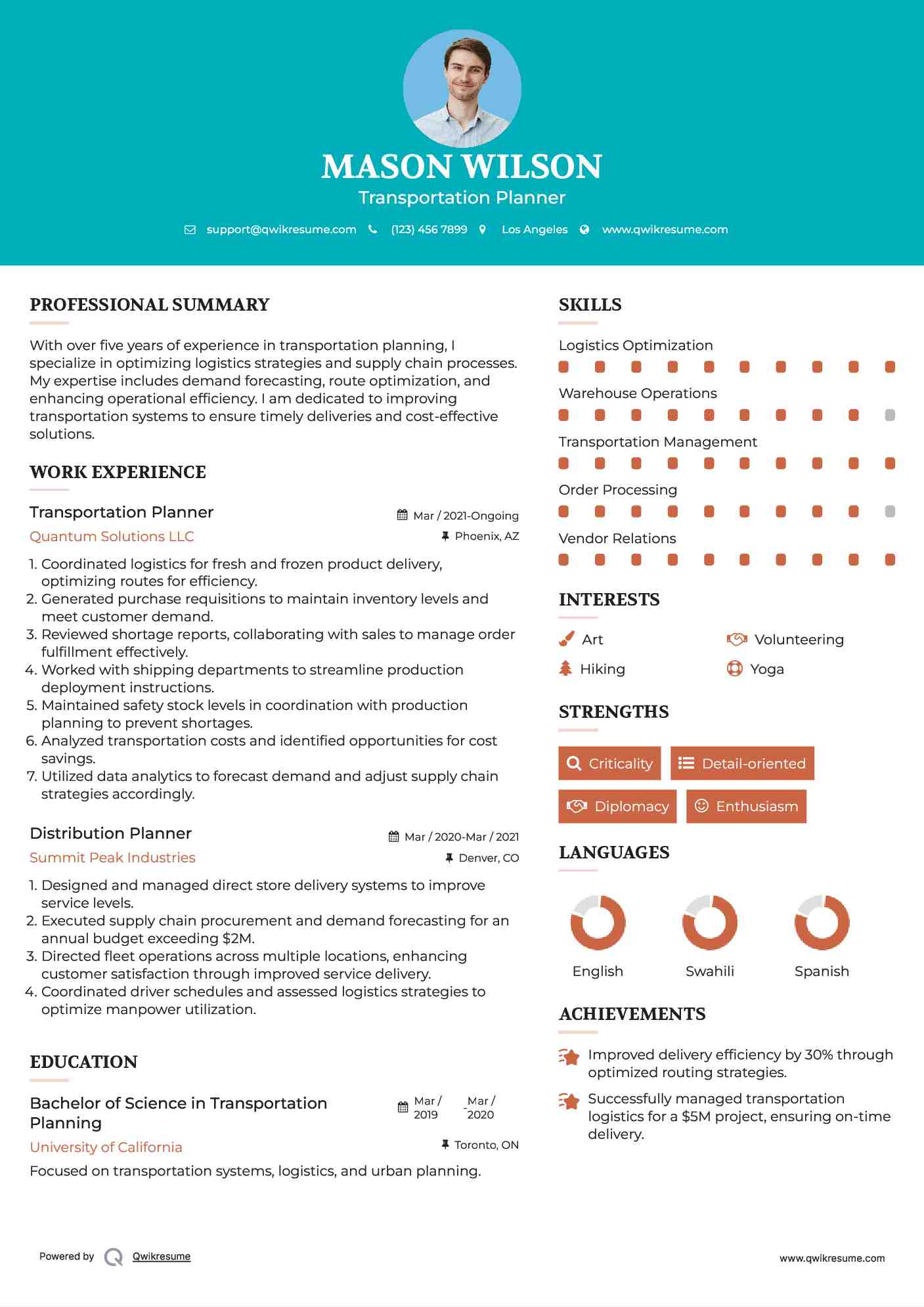 Transportation Planner Resume Example