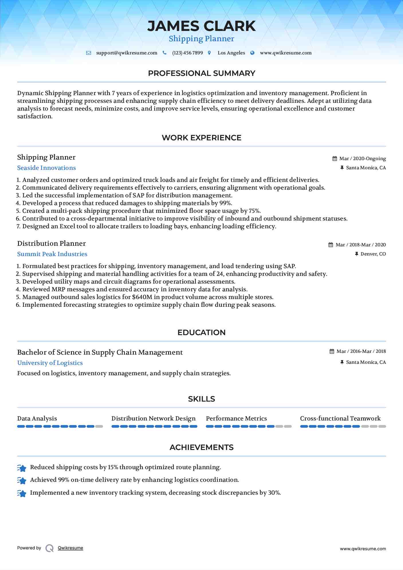 Shipping Planner Resume Model