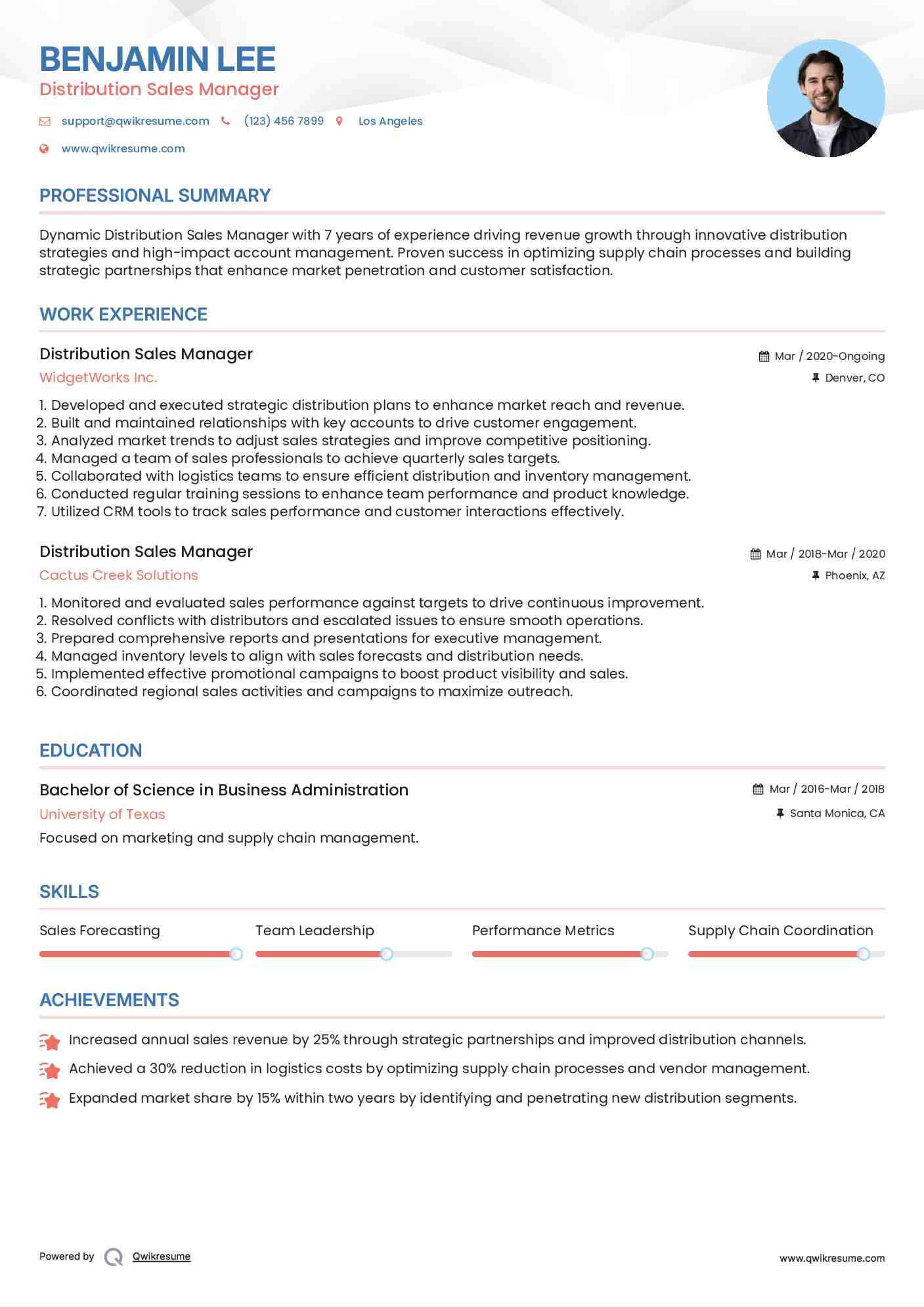 Distribution Sales Manager Resume Template